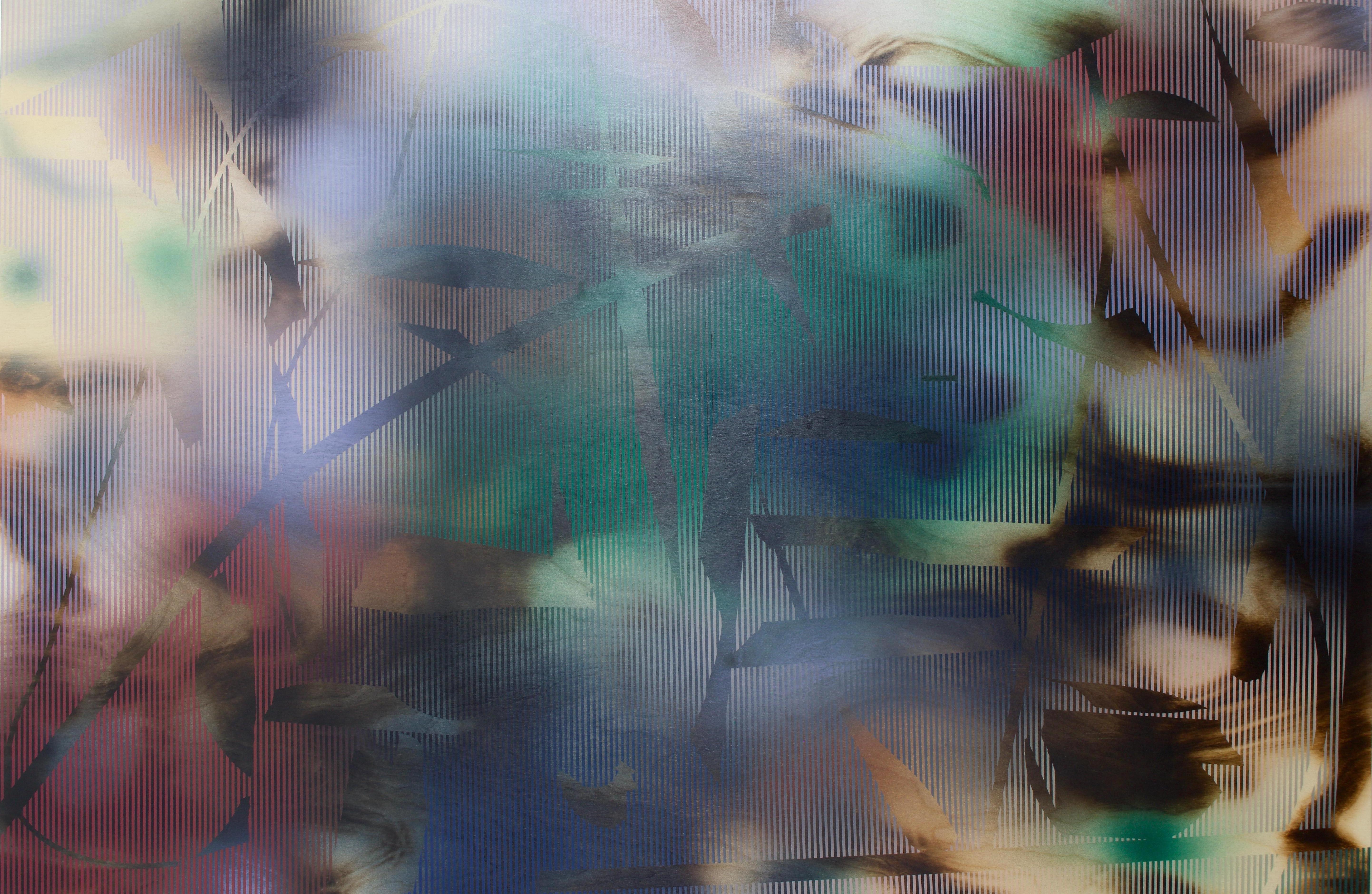 d'Ombré 6 (pittura a griglia rossa geometria astratta a strisce gestuale blu a bordi duri) - Mixed Media Art di Melisa Taylor Metzger