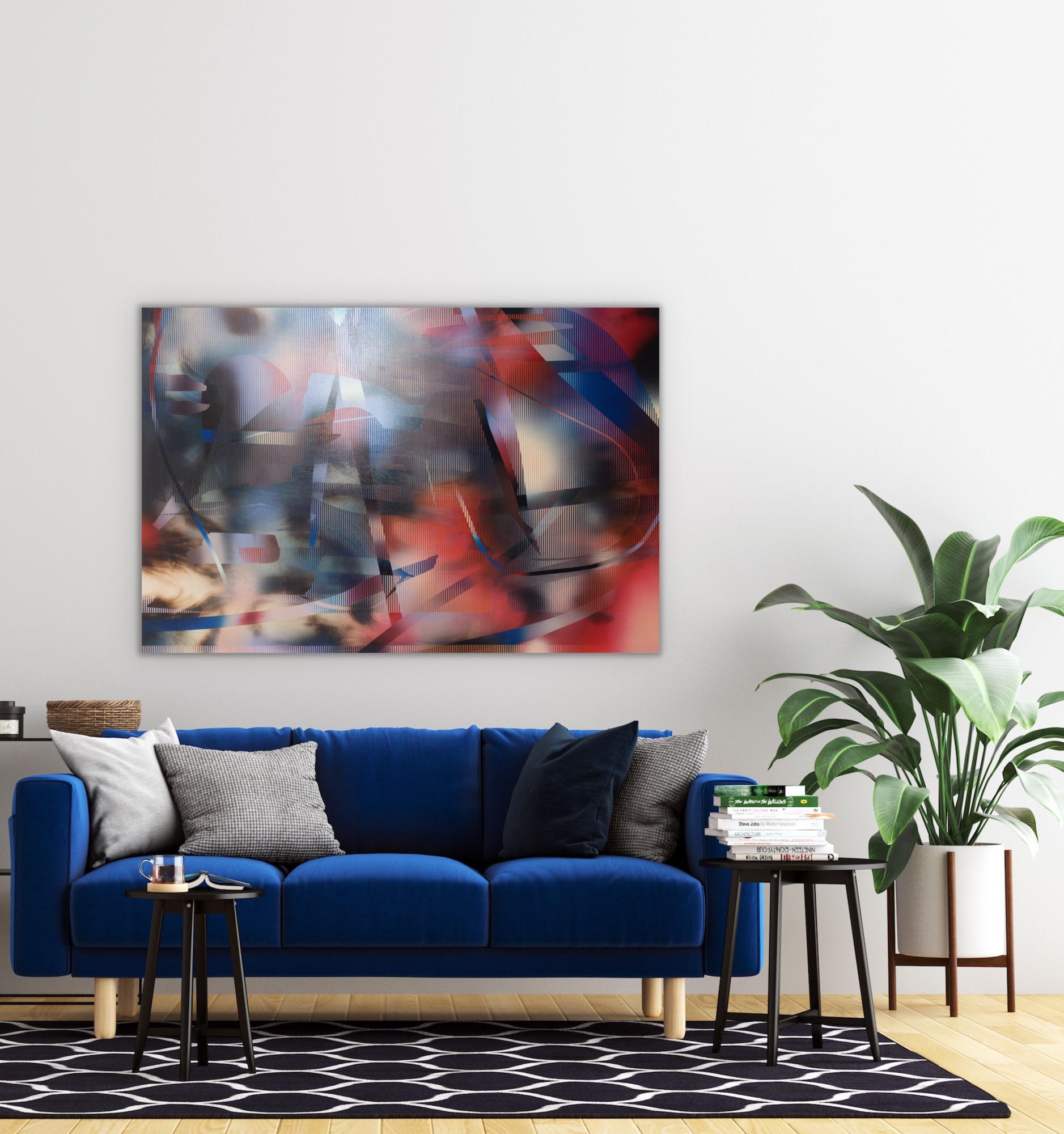 d'Ombr 6 (peinture à grille rouge géométrique abstraite rayée et gestuelle bleu hard-edge) - Gris Abstract Painting par Melisa Taylor Metzger