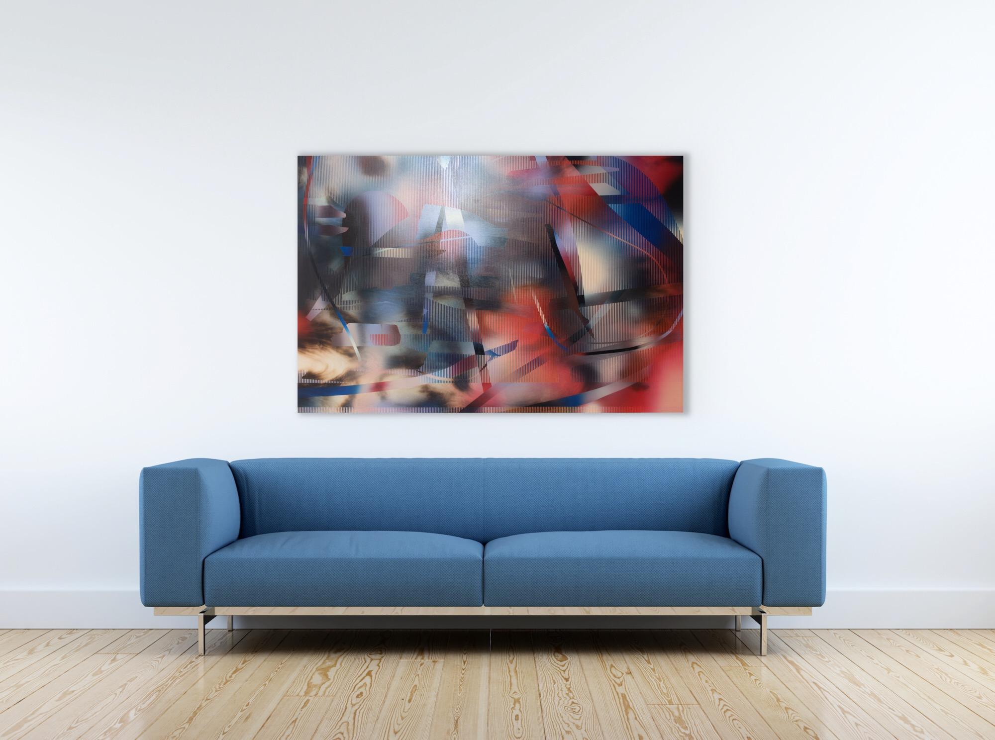 d'Ombr 6 (peinture à grille rouge géométrique abstraite rayée et gestuelle bleu hard-edge) en vente 4