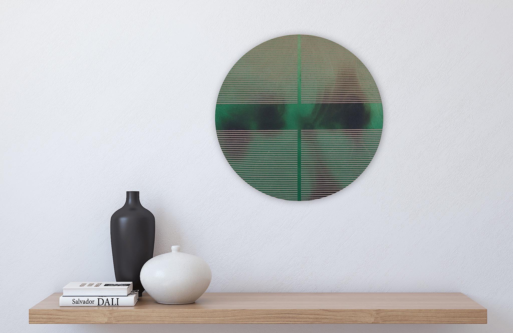 Emerald green pill (minimaliste grid round painting on wood dopamine art) For Sale 2