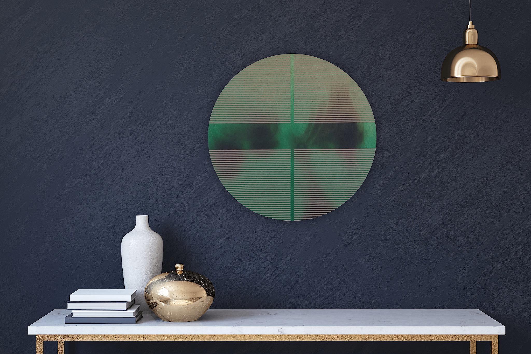 Emerald green pill (minimaliste grid round painting on wood dopamine art) For Sale 3
