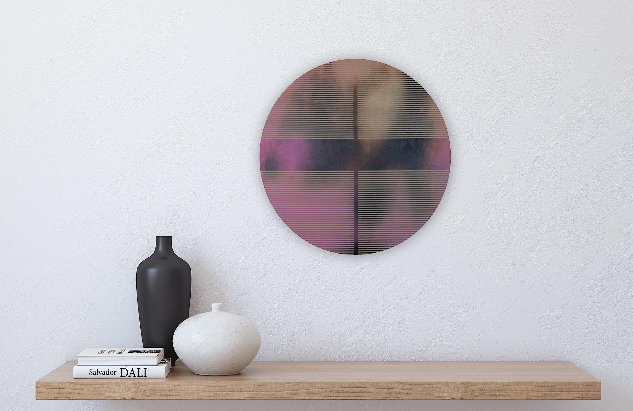 Fuchsia pill (minimalistisches rundes Gemälde auf Holz dopamine Kunst) im Angebot 3