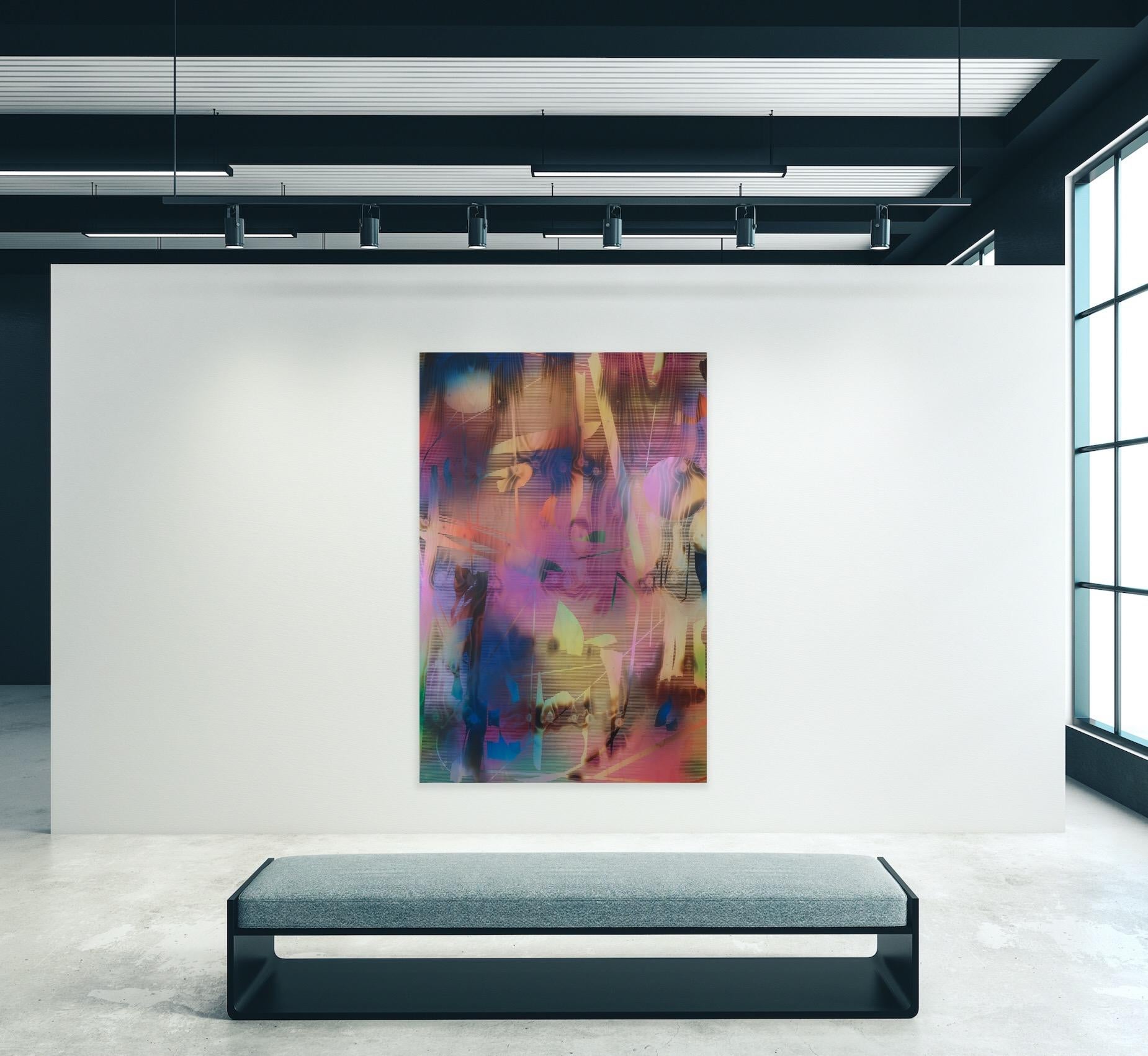 HRCR1 (quadro a griglia vibrante astratto in legno forme contemporanee rosa blu) - Abstract Painting Marrone di Melisa Taylor Metzger