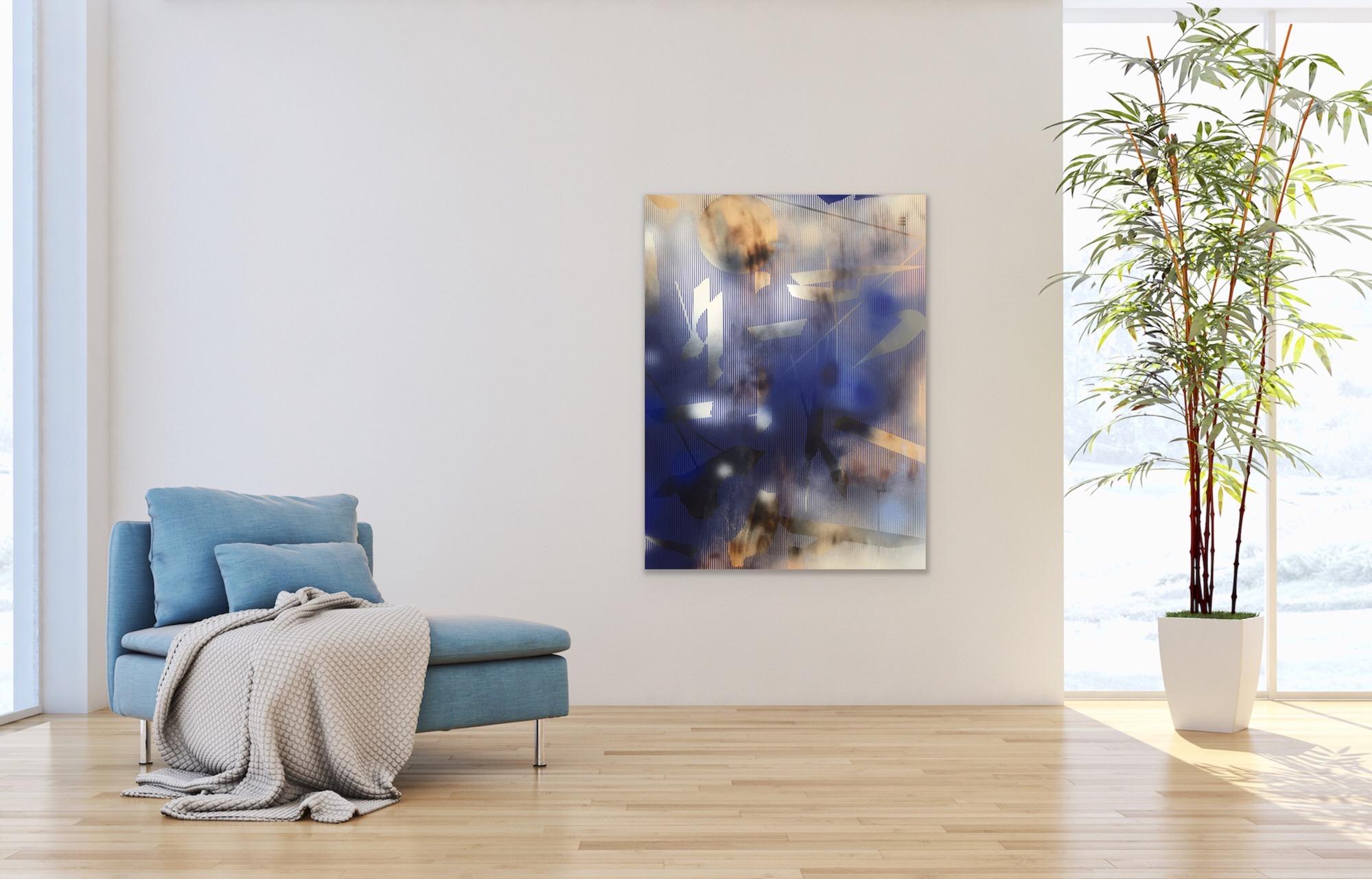 „In City and in Forest 13“ (blaues Gemälde aus abstraktem Holz mit marineblauem Kobaltmuster) im Angebot 2