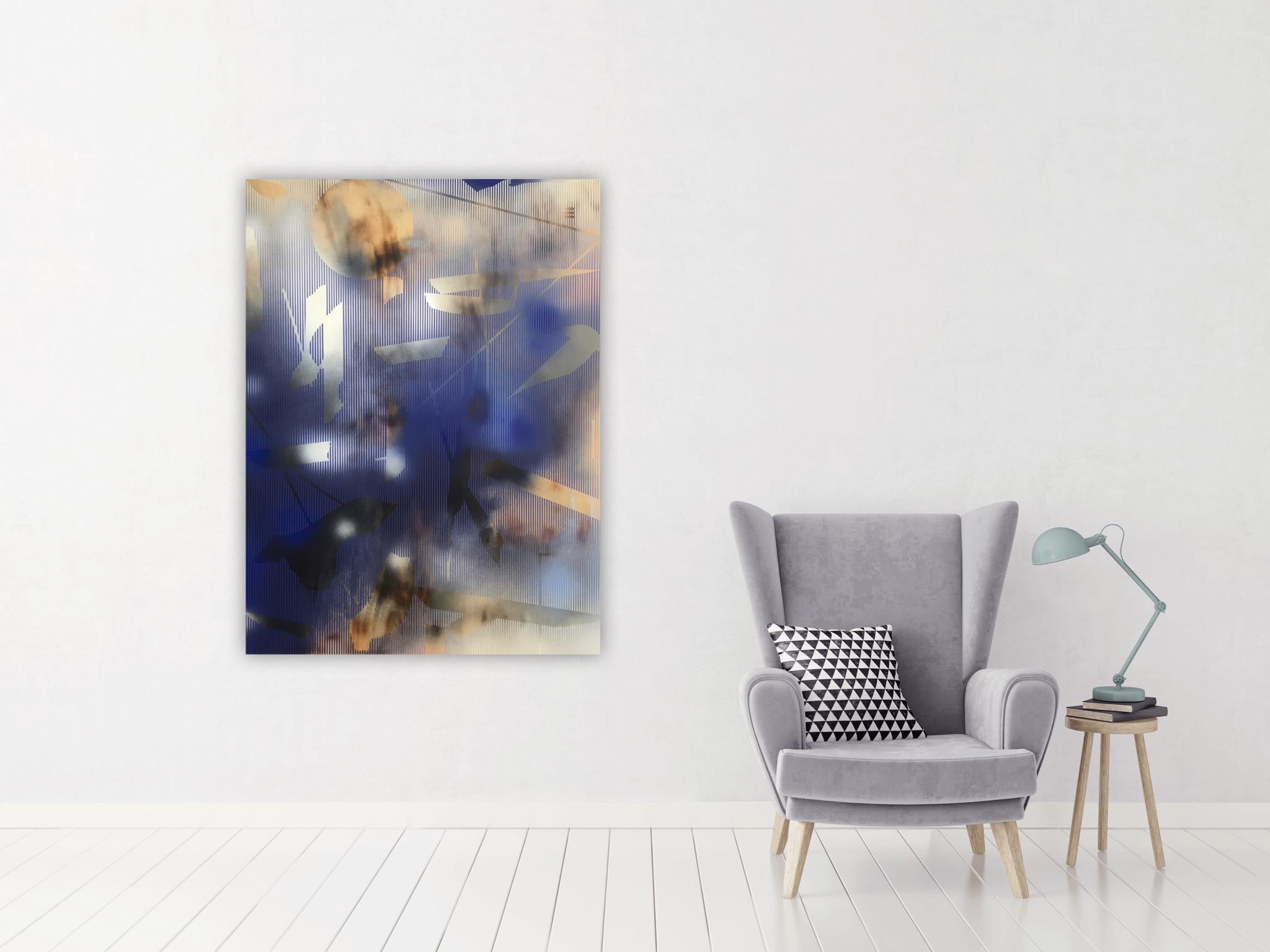 in City and in Forest 13 (peinture bleue en bois abstrait grille bleu marine royal cobalt) en vente 3