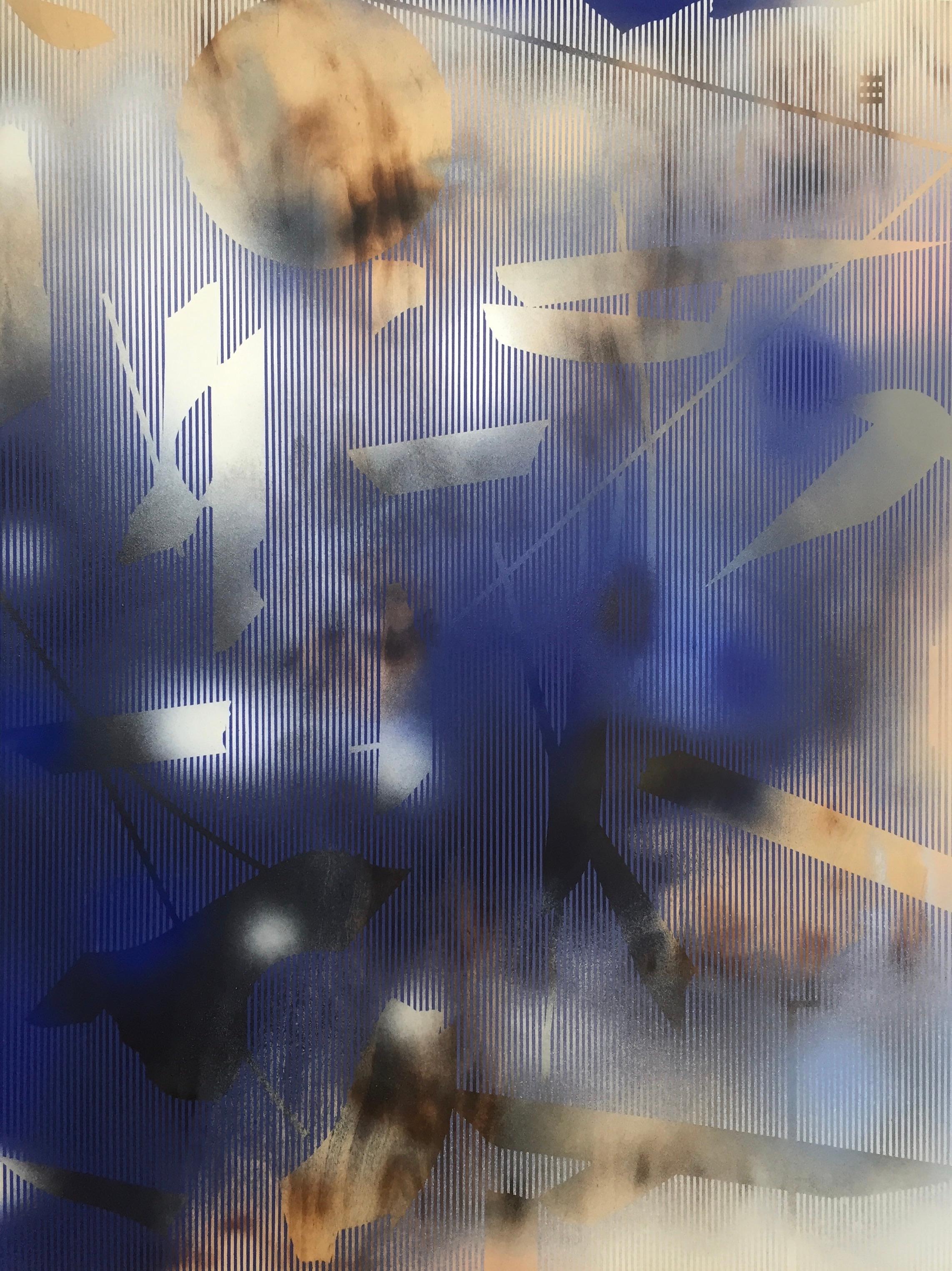 in City and in Forest 13 (peinture à grille en bois abstrait bleu marine royal cobalt) - Géométrique abstrait Mixed Media Art par Melisa Taylor Metzger