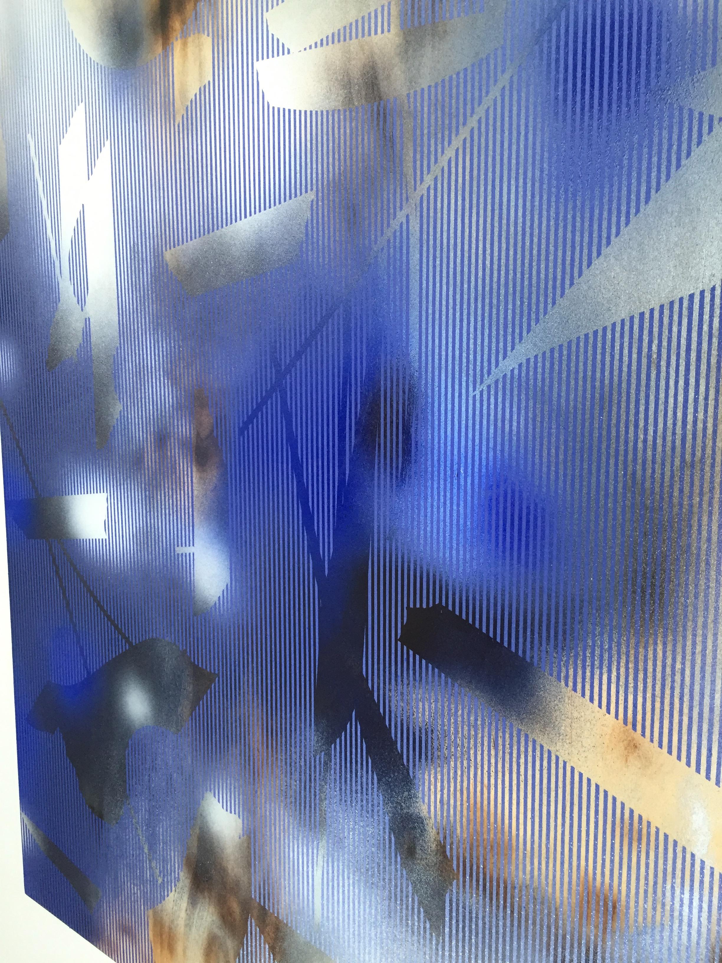 in City and in Forest 13 (grid painting abstract wood royal navy cobalt blue) For Sale 2