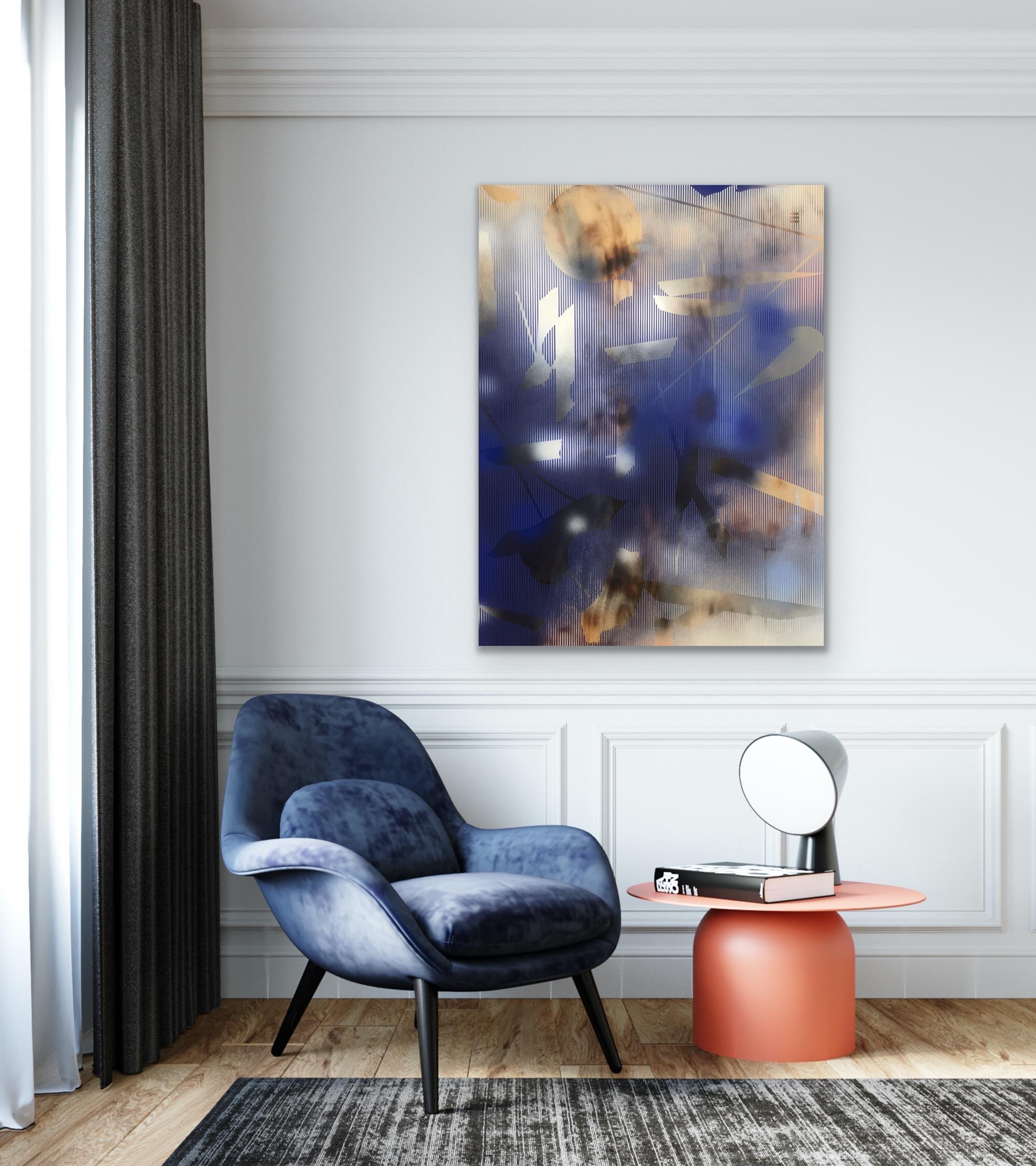 in City and in Forest 13 (peinture à grille en bois abstrait bleu marine royal cobalt) - Mixed Media Art de Melisa Taylor Metzger