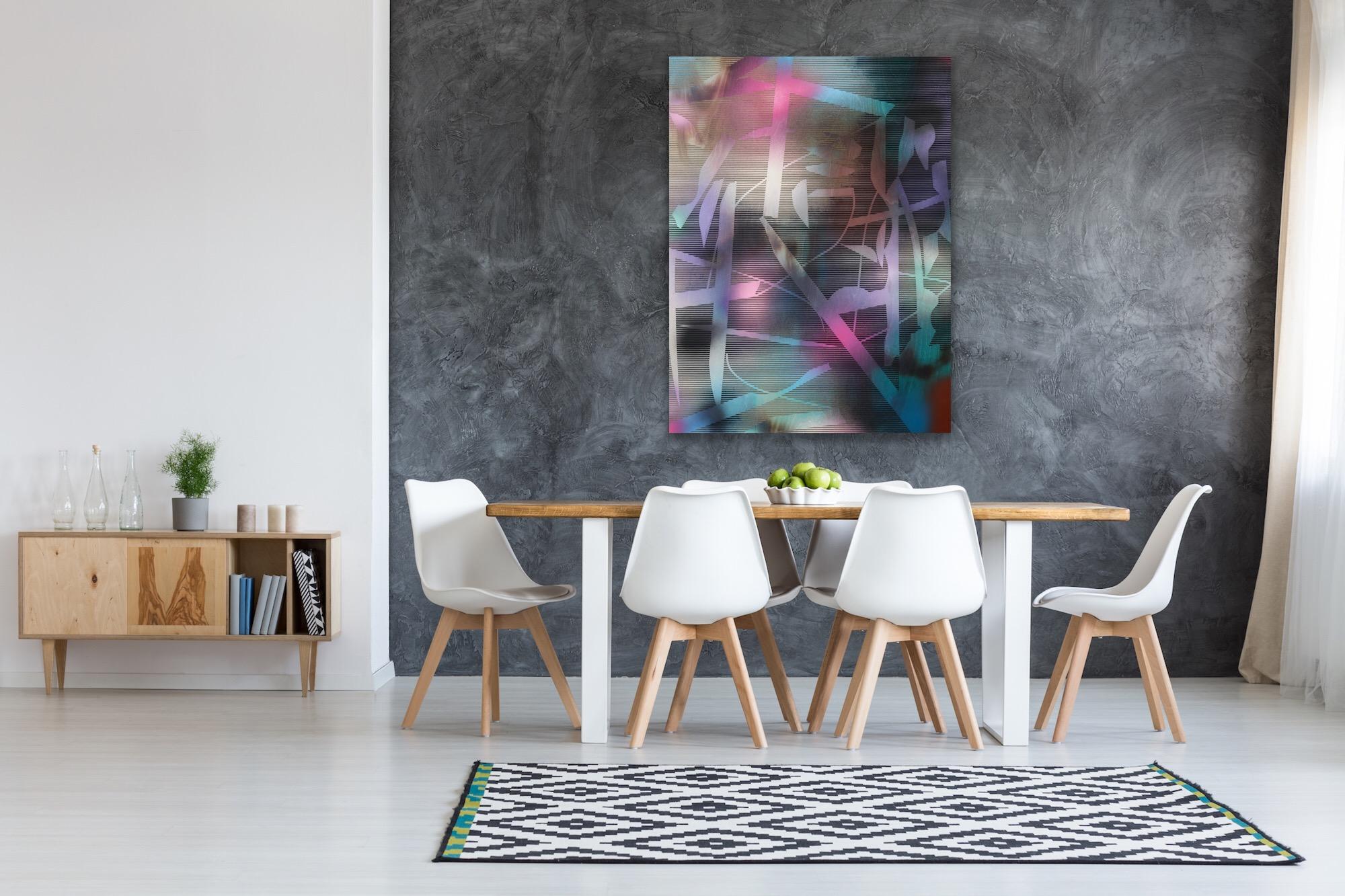 in City and in Forest 29 (grid painting abstract wood contemporary jewel tones) - Gray Abstract Painting by Melisa Taylor Metzger