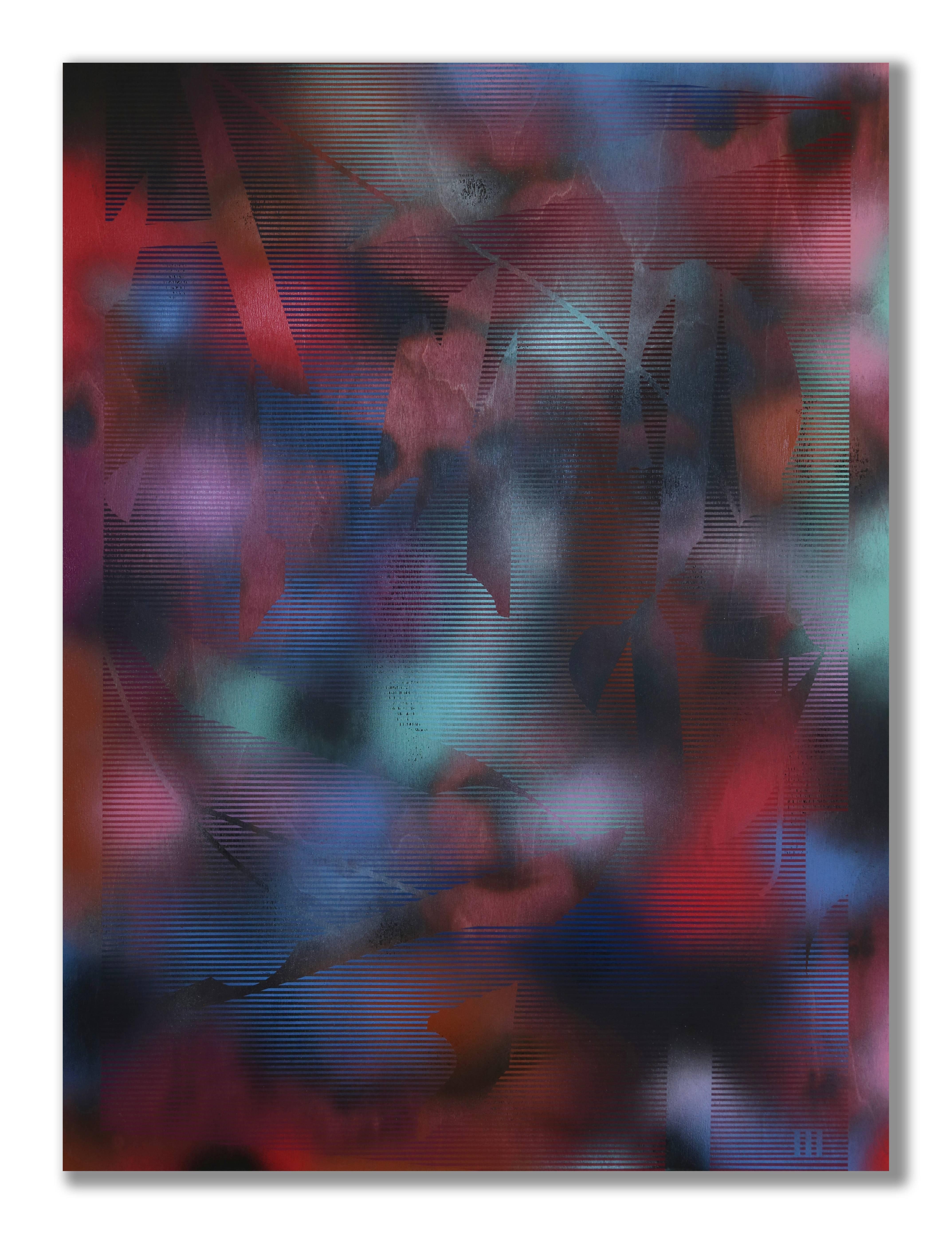 in City and in Forest 34 (peinture de grille en bois abstrait rouge foncé contemporain)