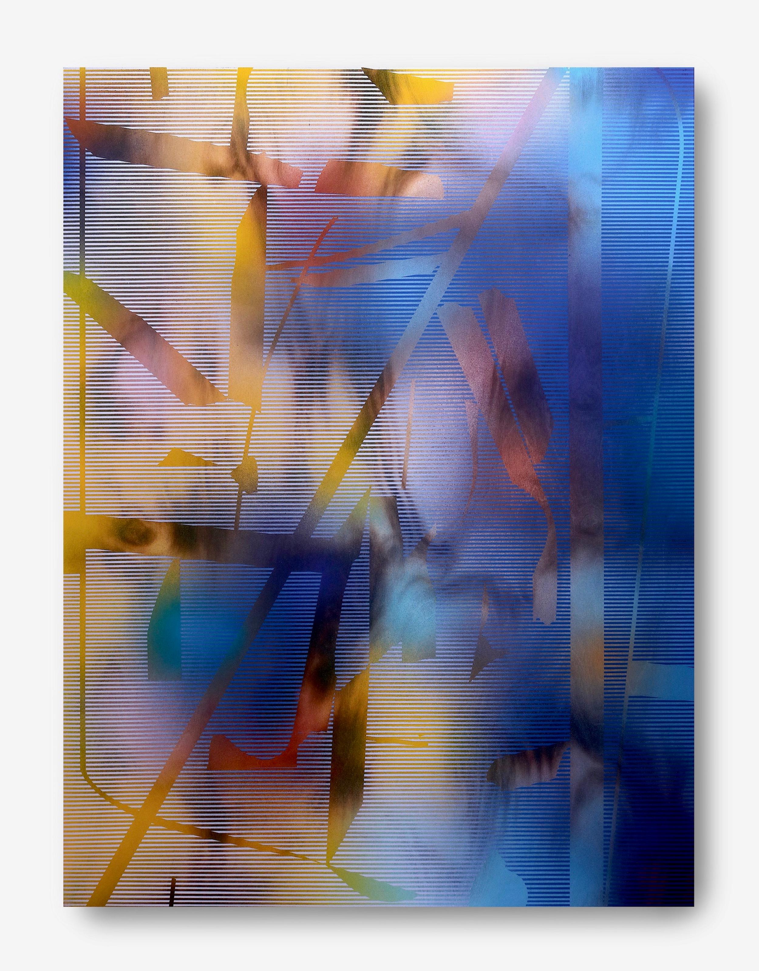 in City and in Forest 35 (grid painting abstract wood contemporary yellow blue - Painting by Melisa Taylor Metzger