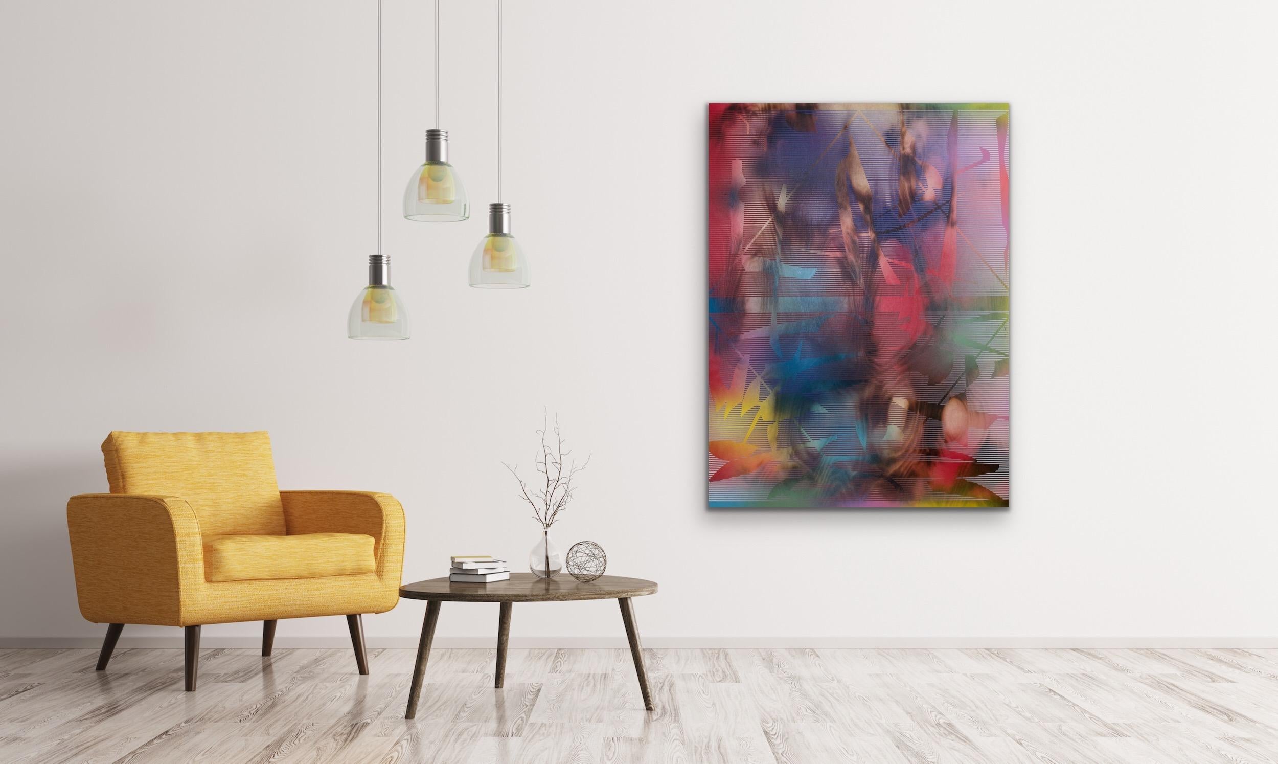 in City and in Forest (vibrant colorful pop acid jazz detailed modern optical) - Gray Abstract Painting by Melisa Taylor Metzger