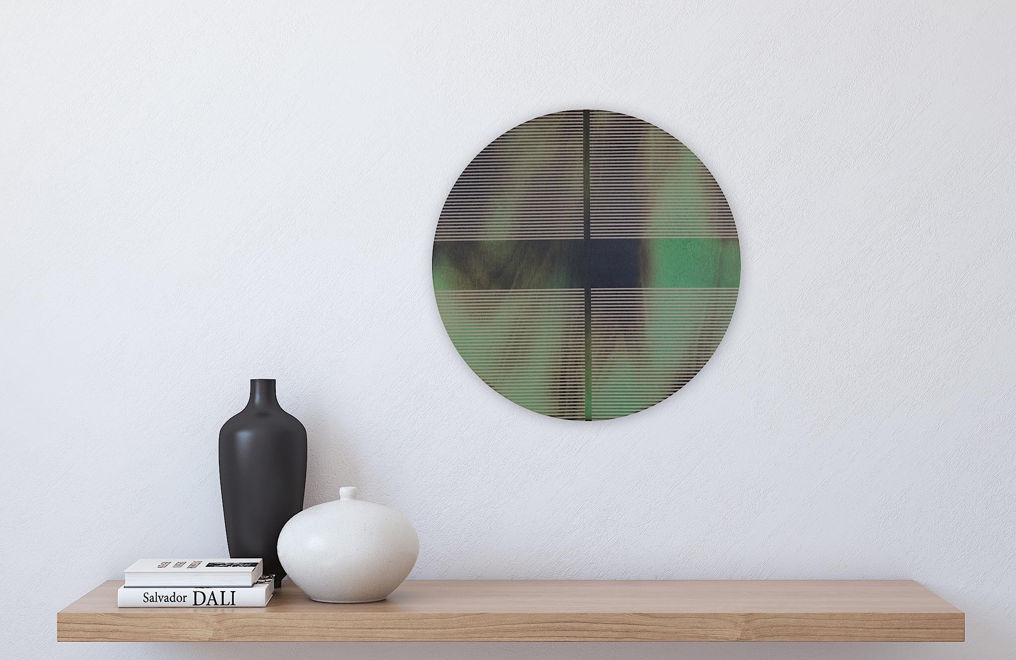 Jade green pill (minimaliste grid round painting on wood dopamine art) For Sale 3