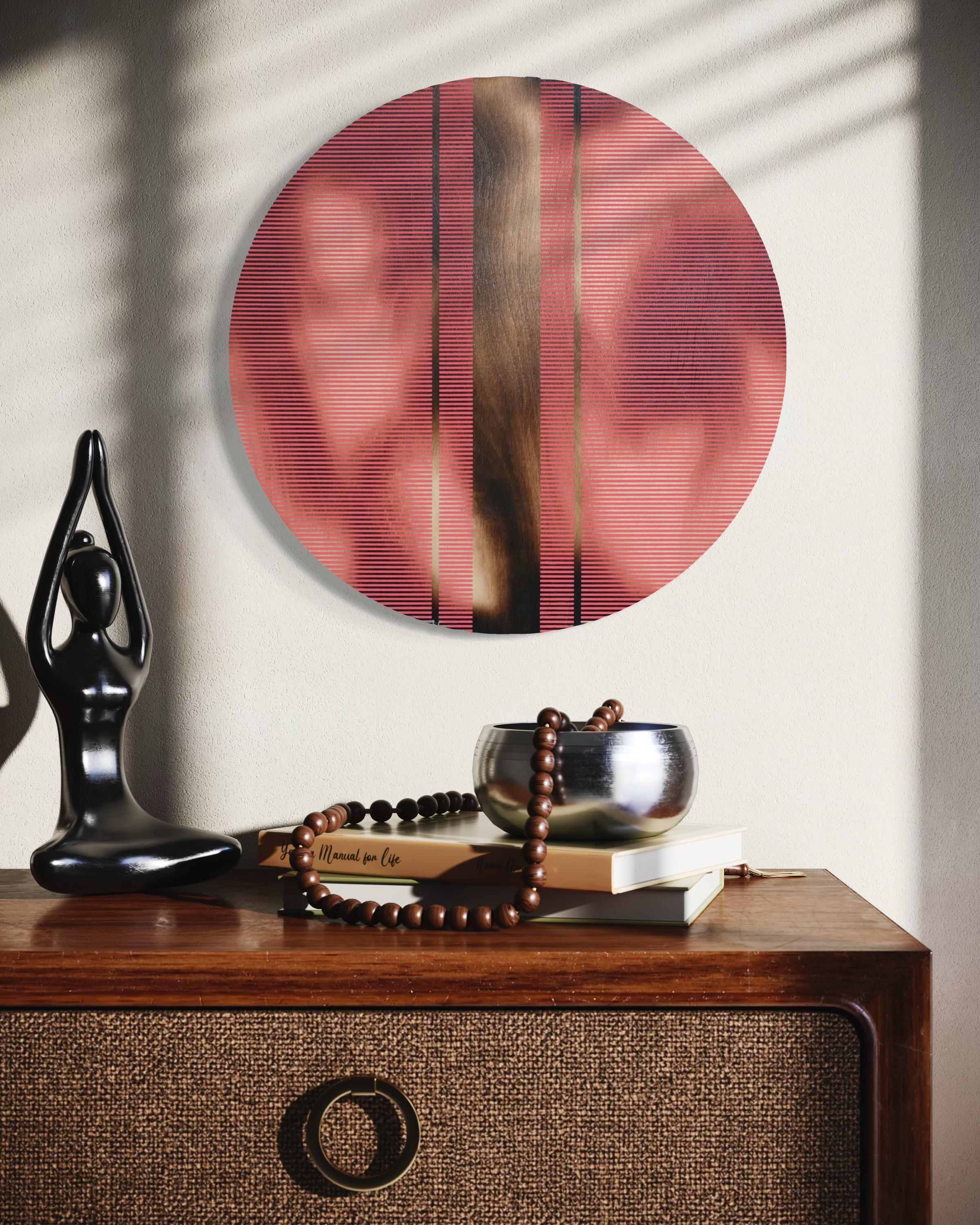 Light Coral Red pill (Minimalistisches Gitter runde Malerei auf Holz Dopamin Kunst) im Angebot 8