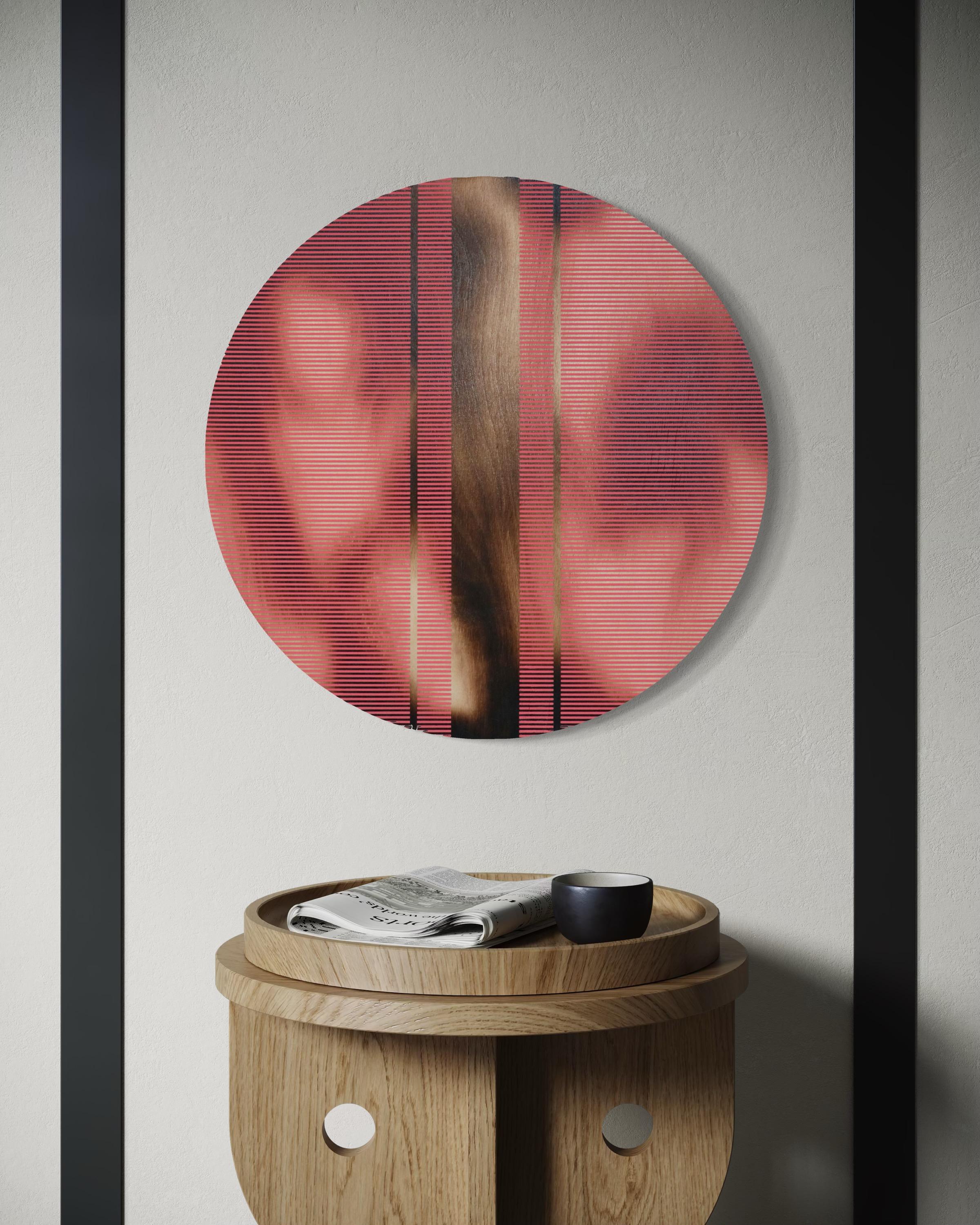 Light Coral Red pill (Minimalistisches Gitter runde Malerei auf Holz Dopamin Kunst) im Angebot 9