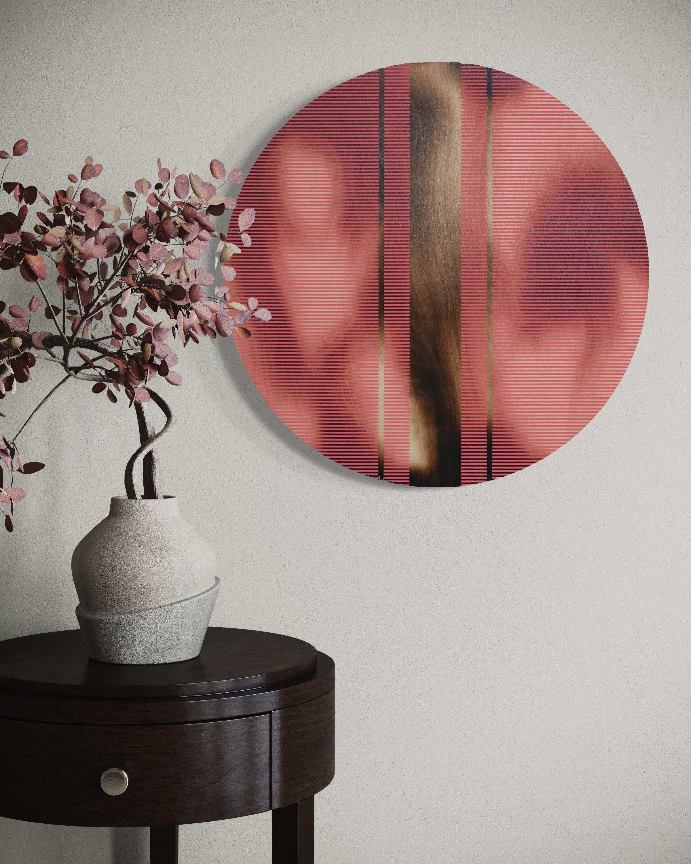 Light Coral Red pill (Minimalistisches Gitter runde Malerei auf Holz Dopamin Kunst) im Angebot 10