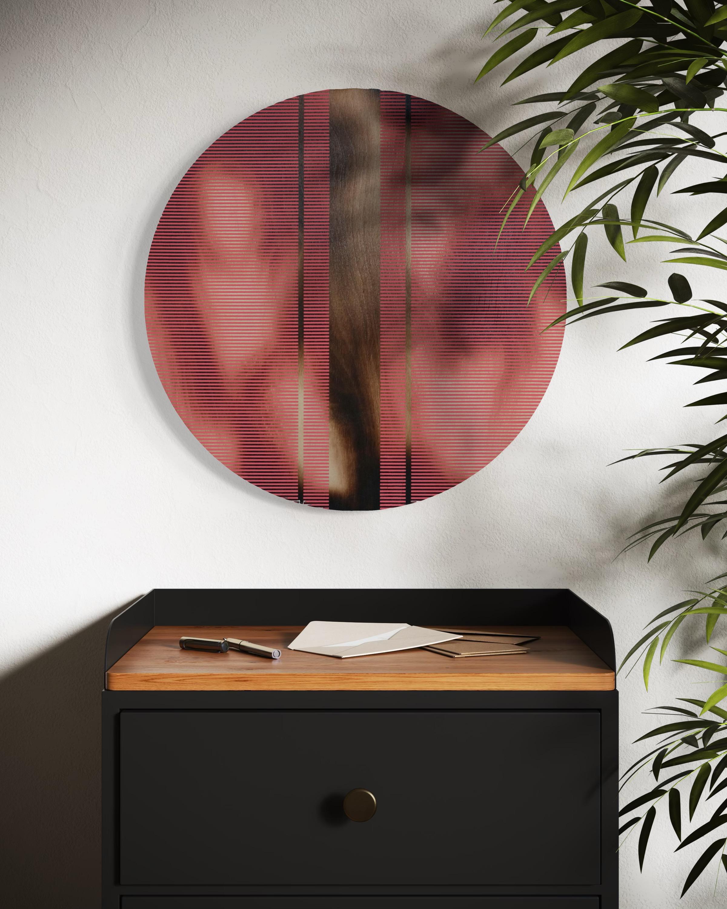 Light Coral Red pill (Minimalistisches Gitter runde Malerei auf Holz Dopamin Kunst) im Angebot 11