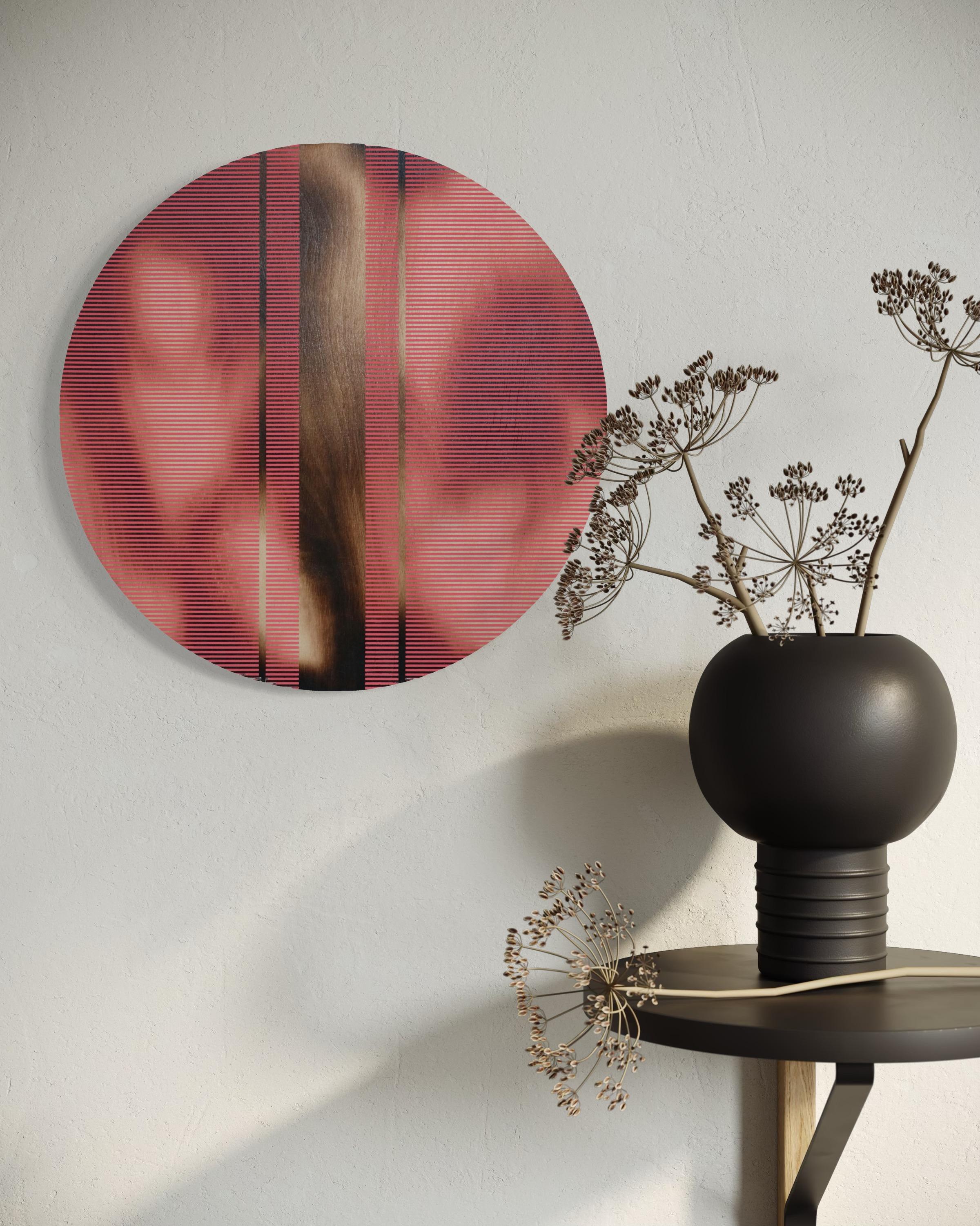 Light Coral Red pill (Minimalistisches Gitter runde Malerei auf Holz Dopamin Kunst) im Angebot 12