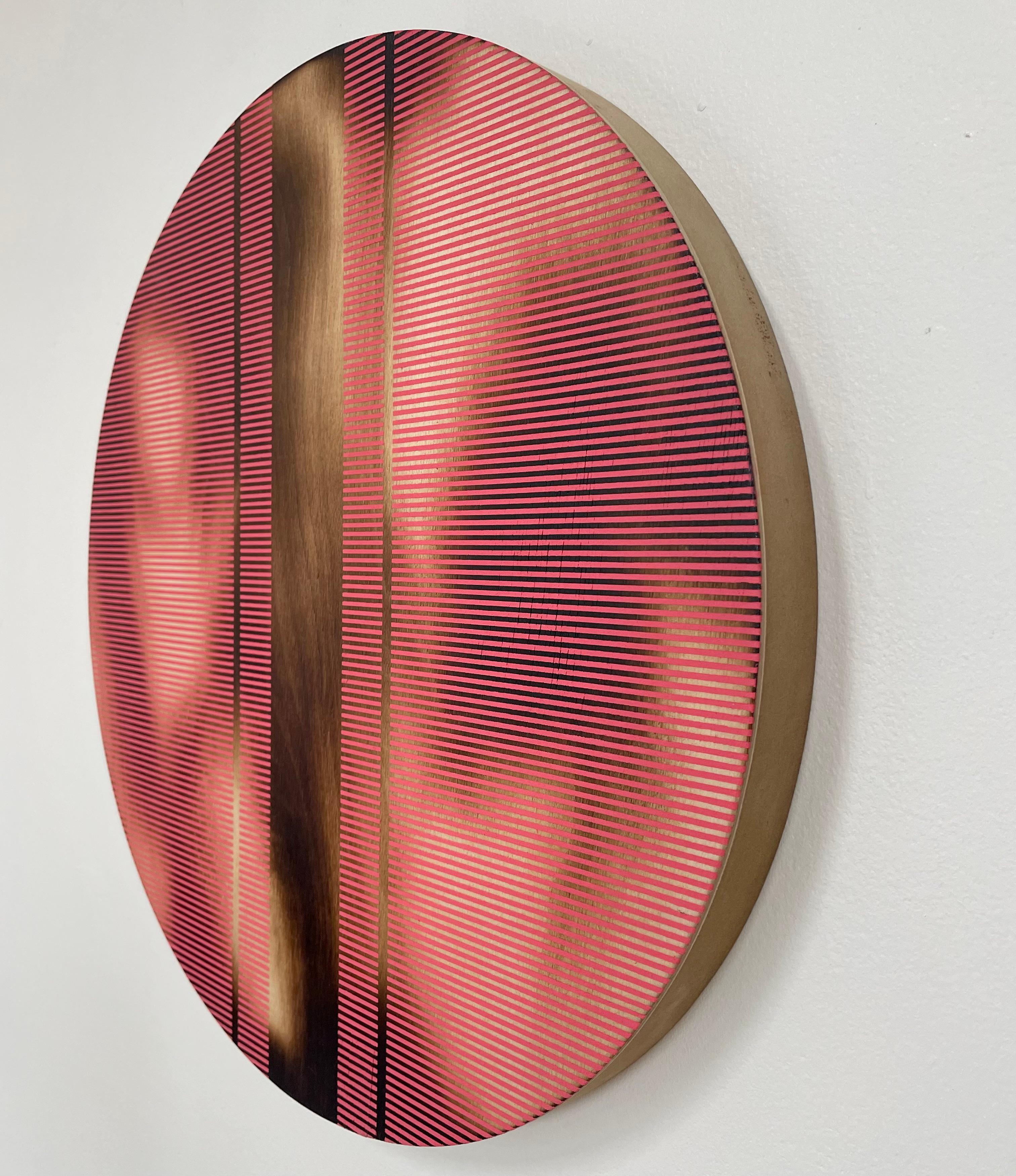 Light Coral Red pill (Minimalistisches Gitter runde Malerei auf Holz Dopamin Kunst) (Geometrische Abstraktion), Mixed Media Art, von Melisa Taylor Metzger