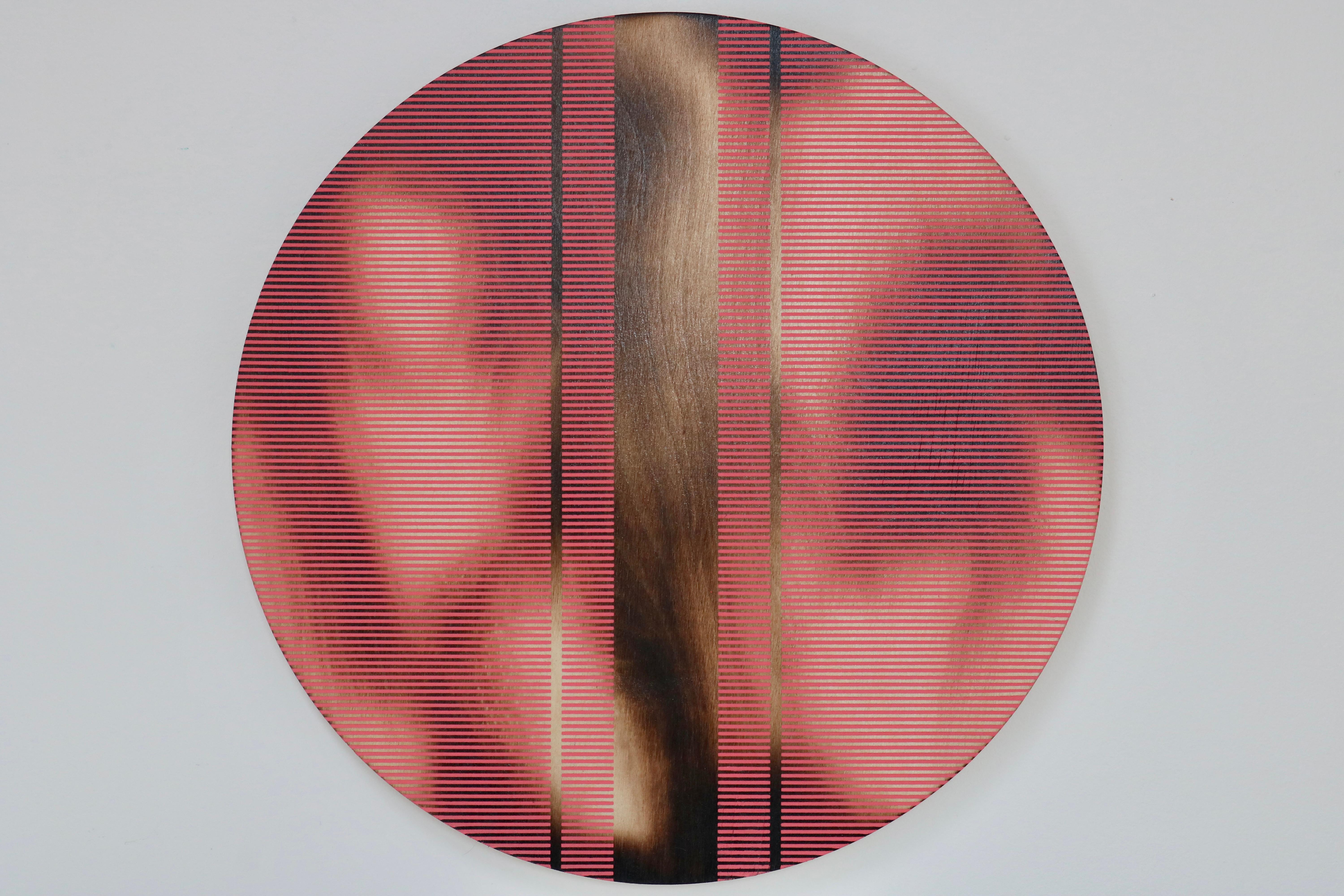 Light Coral Red pill (Minimalistisches Gitter runde Malerei auf Holz Dopamin Kunst) im Angebot 1