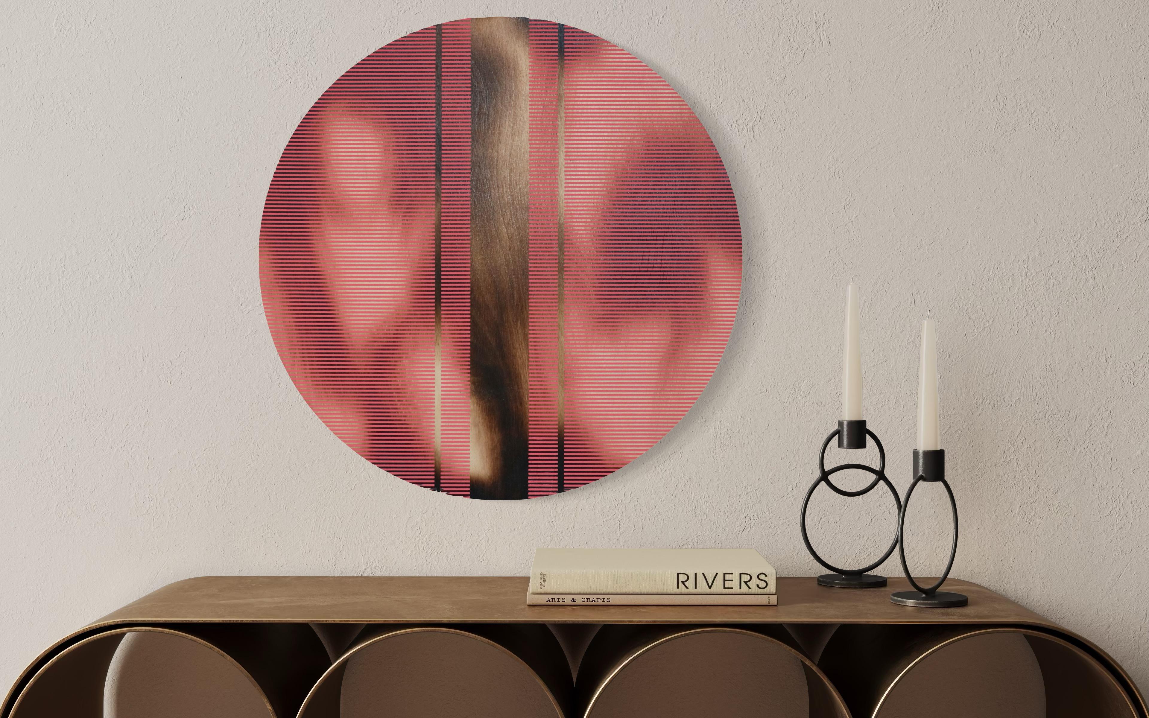 Light Coral Red pill (Minimalistisches Gitter runde Malerei auf Holz Dopamin Kunst) im Angebot 3