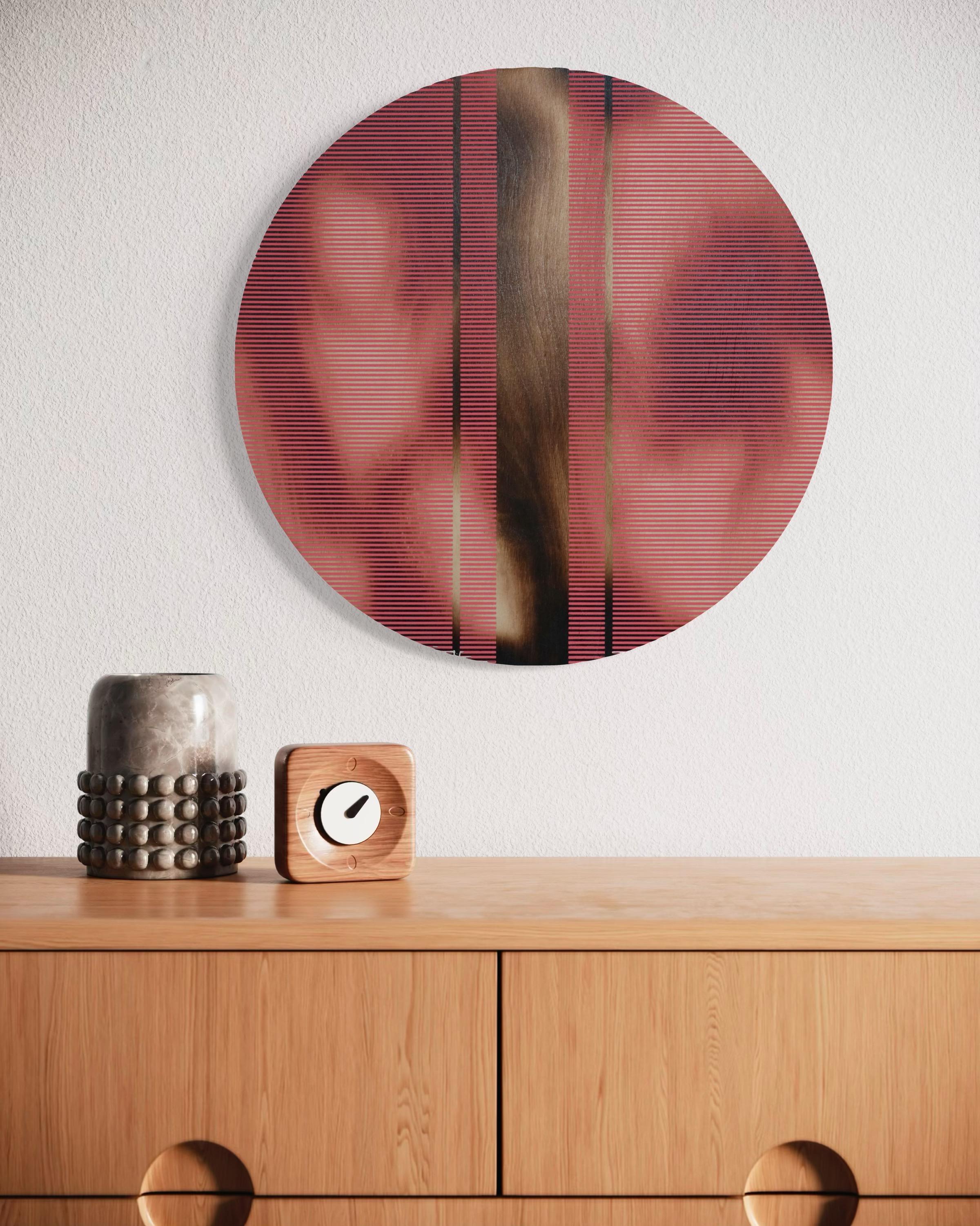 Light Coral Red pill (Minimalistisches Gitter runde Malerei auf Holz Dopamin Kunst) im Angebot 4