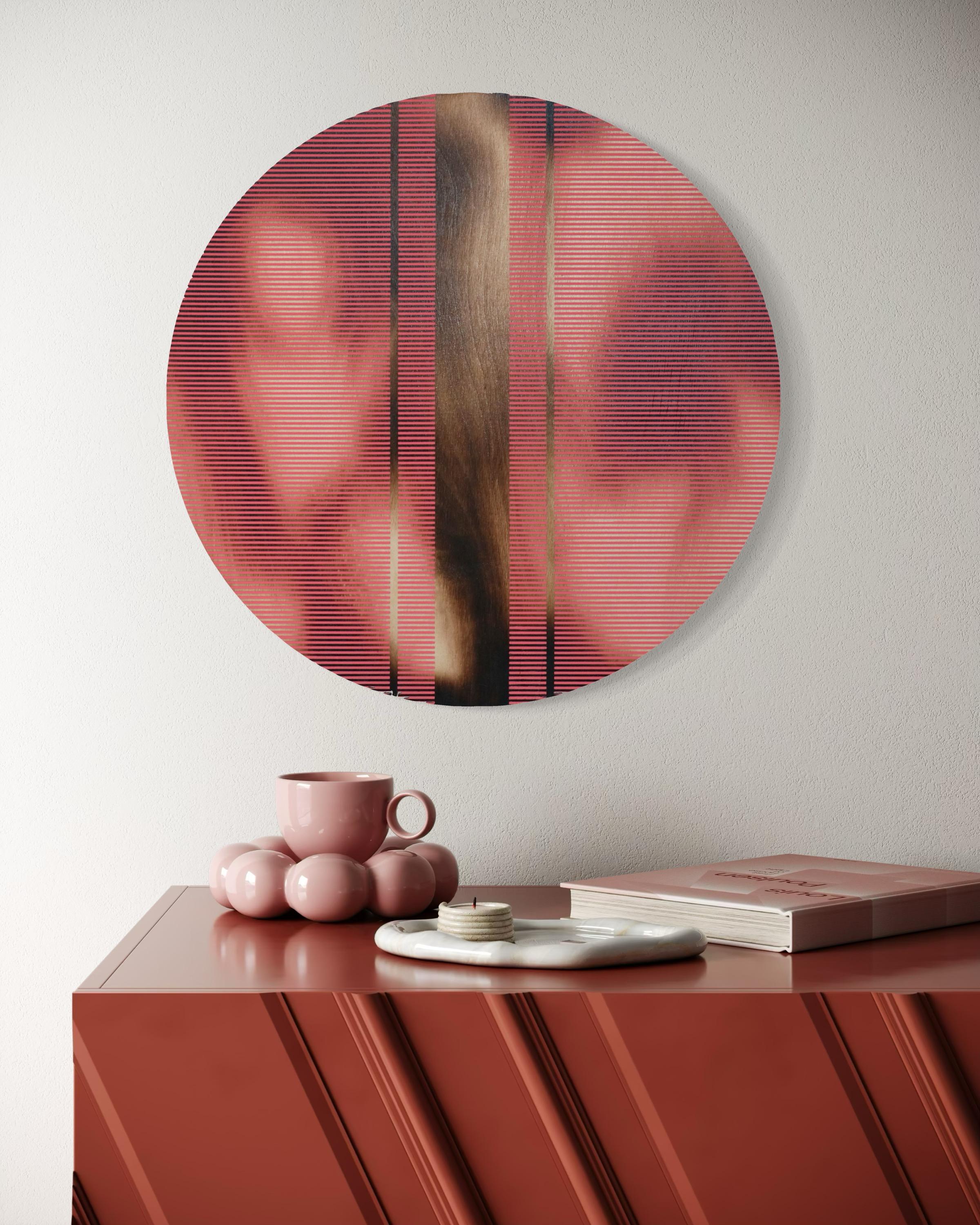 Light Coral Red pill (Minimalistisches Gitter runde Malerei auf Holz Dopamin Kunst) im Angebot 5