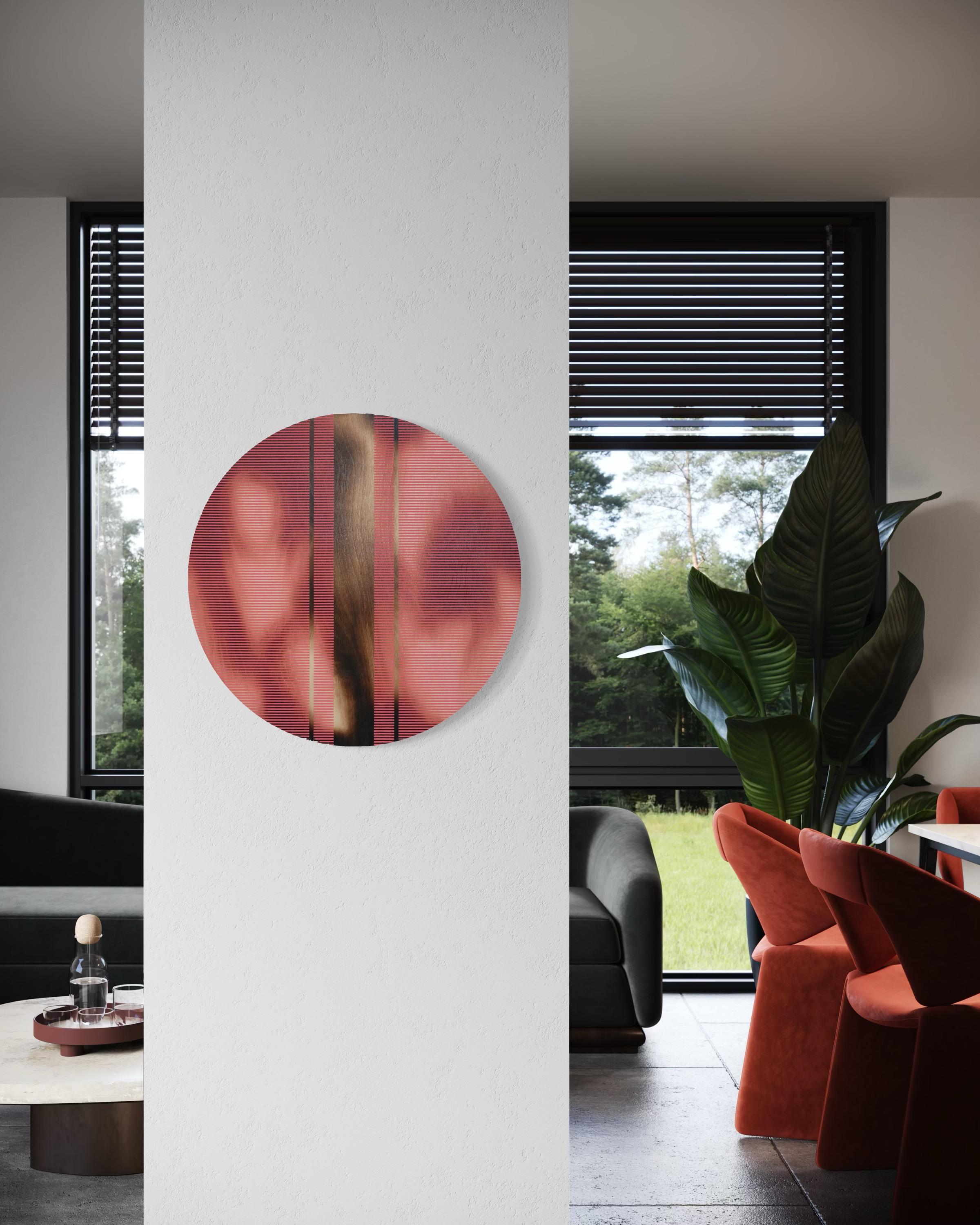 Light Coral Red pill (Minimalistisches Gitter runde Malerei auf Holz Dopamin Kunst) im Angebot 6