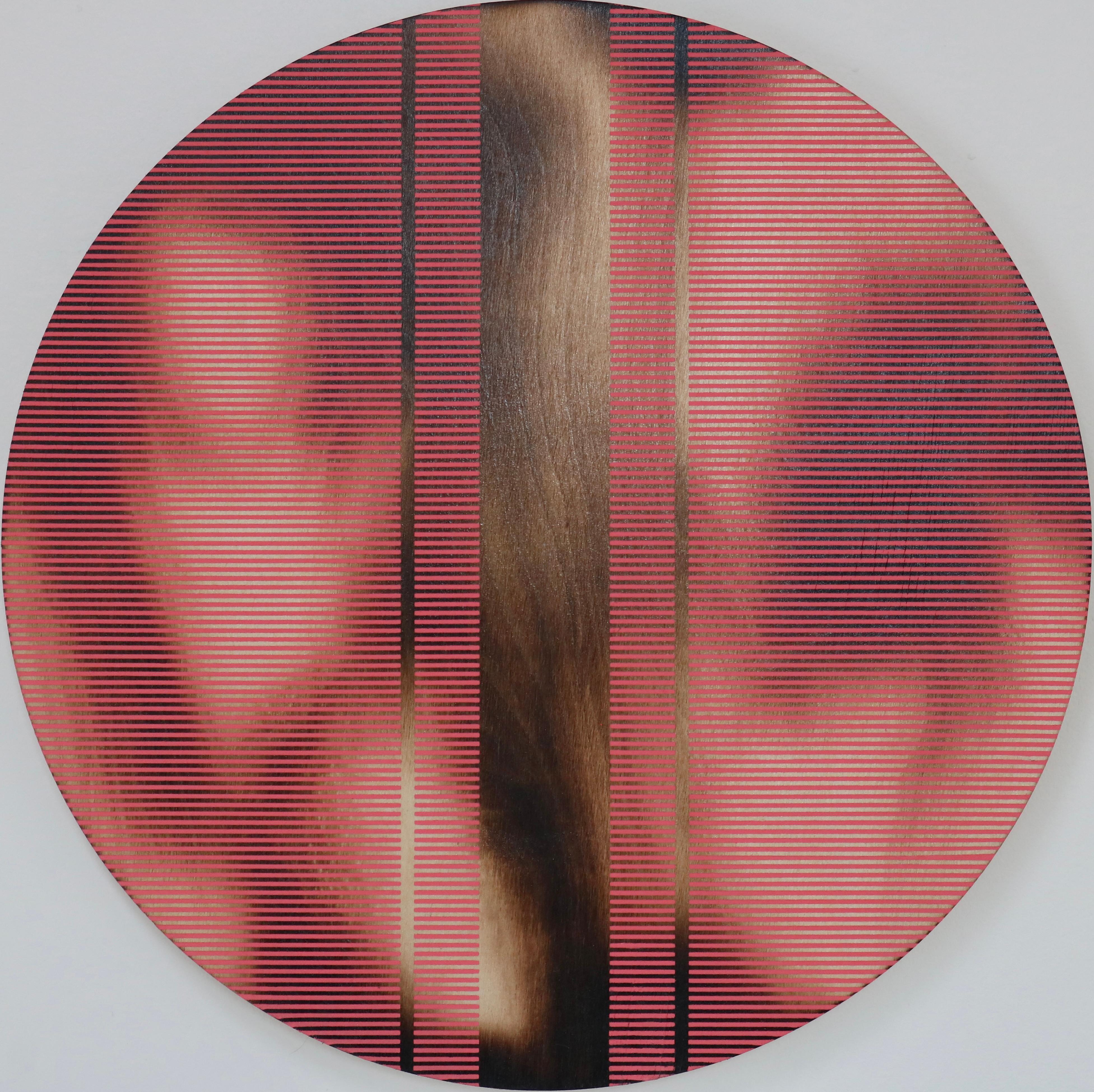 Light Coral Red pill (Minimalistisches Gitter runde Malerei auf Holz Dopamin Kunst) – Mixed Media Art von Melisa Taylor Metzger