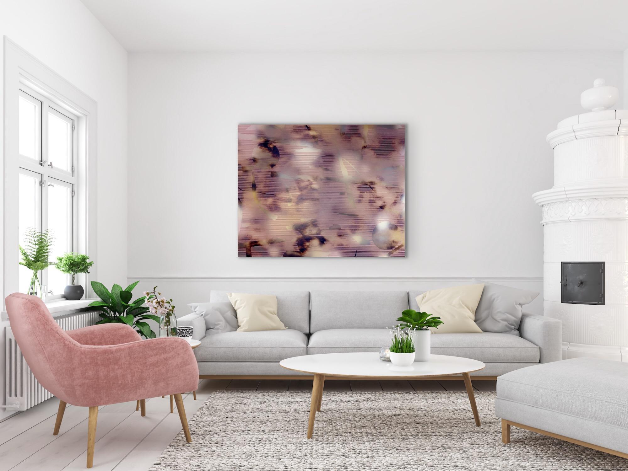 M1 (peinture à grille en bois abstrait, grand bois neutre contemporain et rose optique) en vente 2