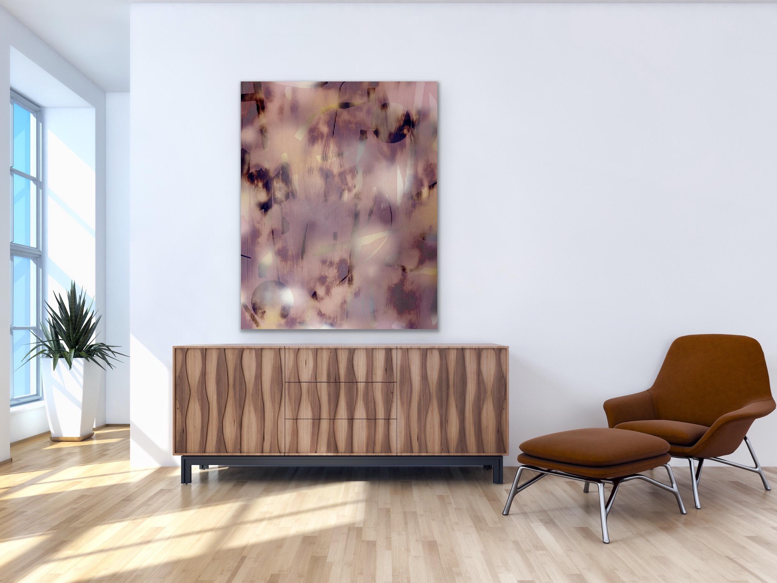 M1 (peinture à grille en bois abstrait, grand bois neutre contemporain et rose optique) en vente 3