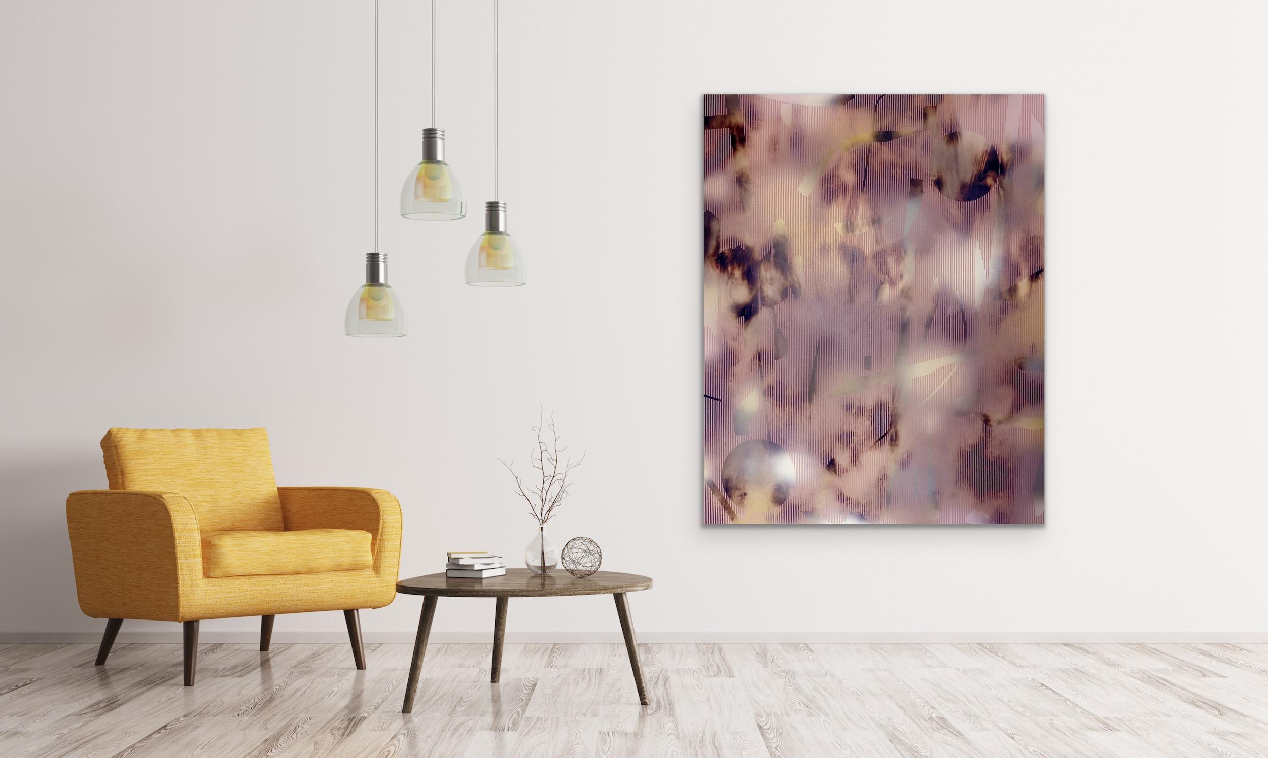 M1 (peinture à grille en bois abstrait, grand bois neutre contemporain et rose optique) en vente 4
