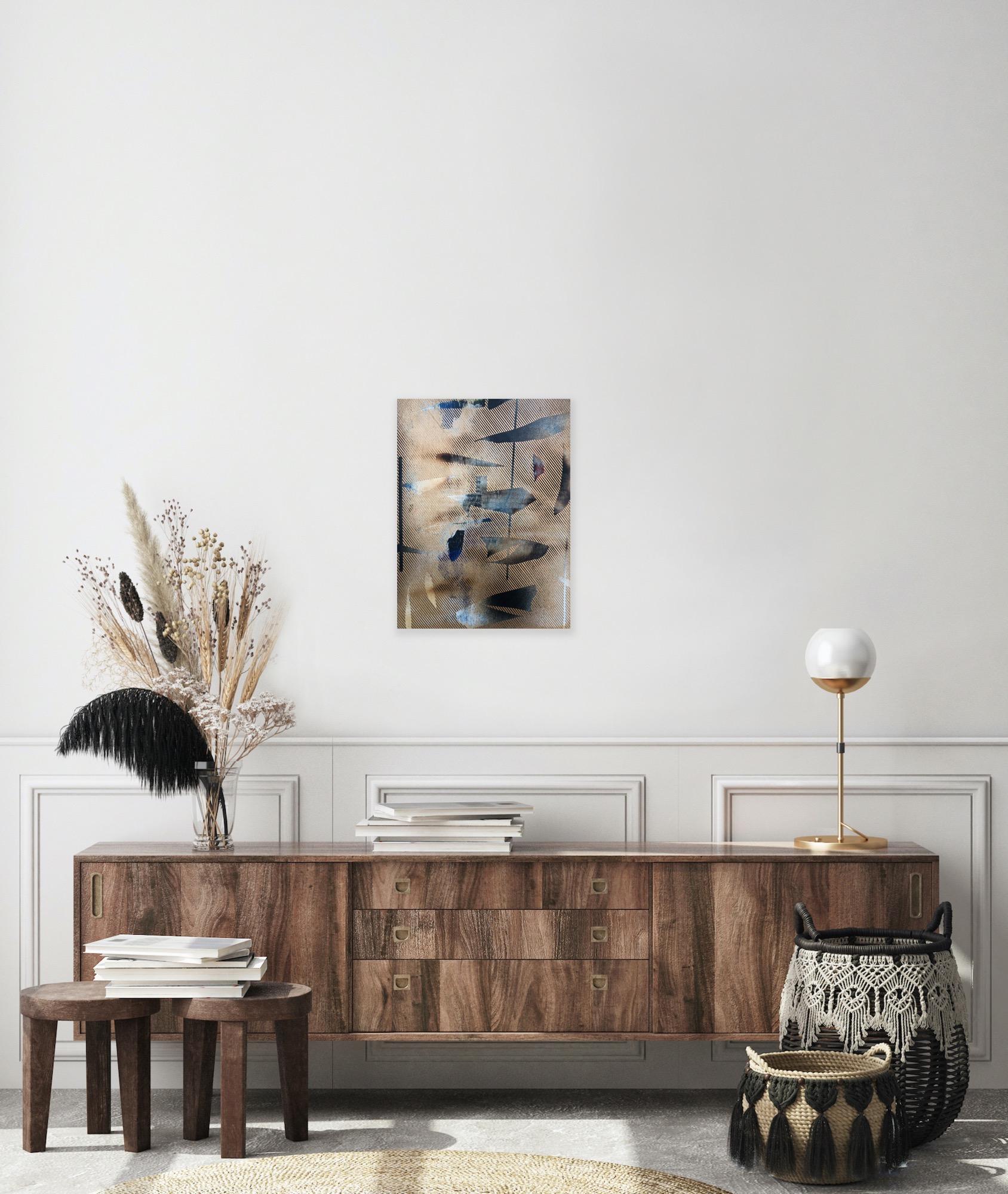 Mangata 20 (pittura a griglia su piccola scala in oro, astratto, legno, arte contemporanea) in vendita 8