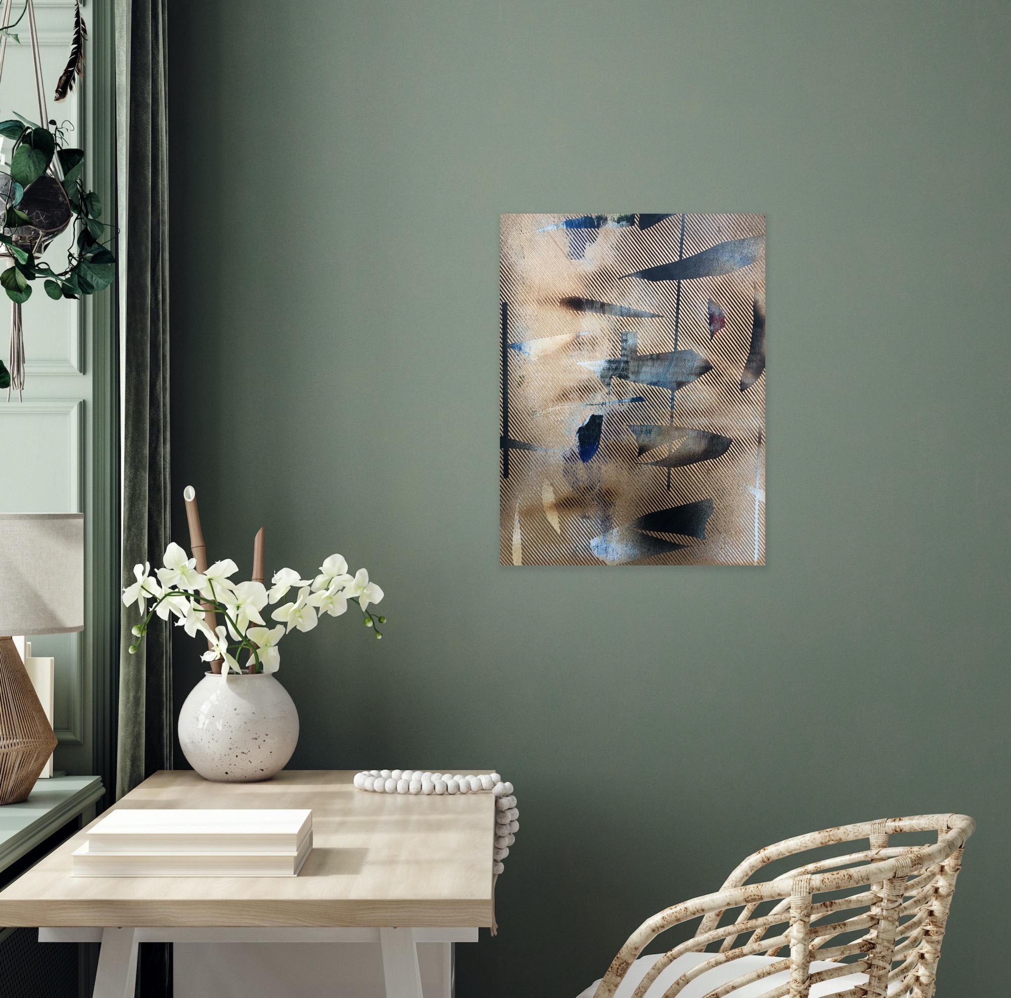 Mangata 20 (pittura a griglia su piccola scala in oro, astratto, legno, arte contemporanea) in vendita 10