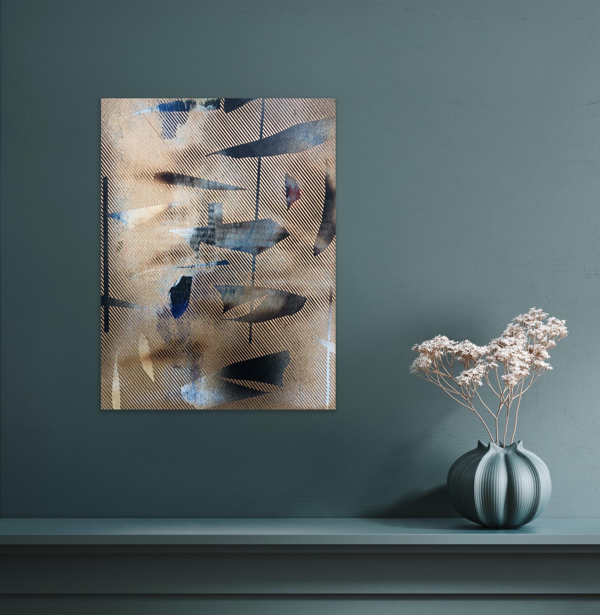 Mangata 20 (peinture à petite échelle à grille dorée en bois abstrait op art contemporain) en vente 13