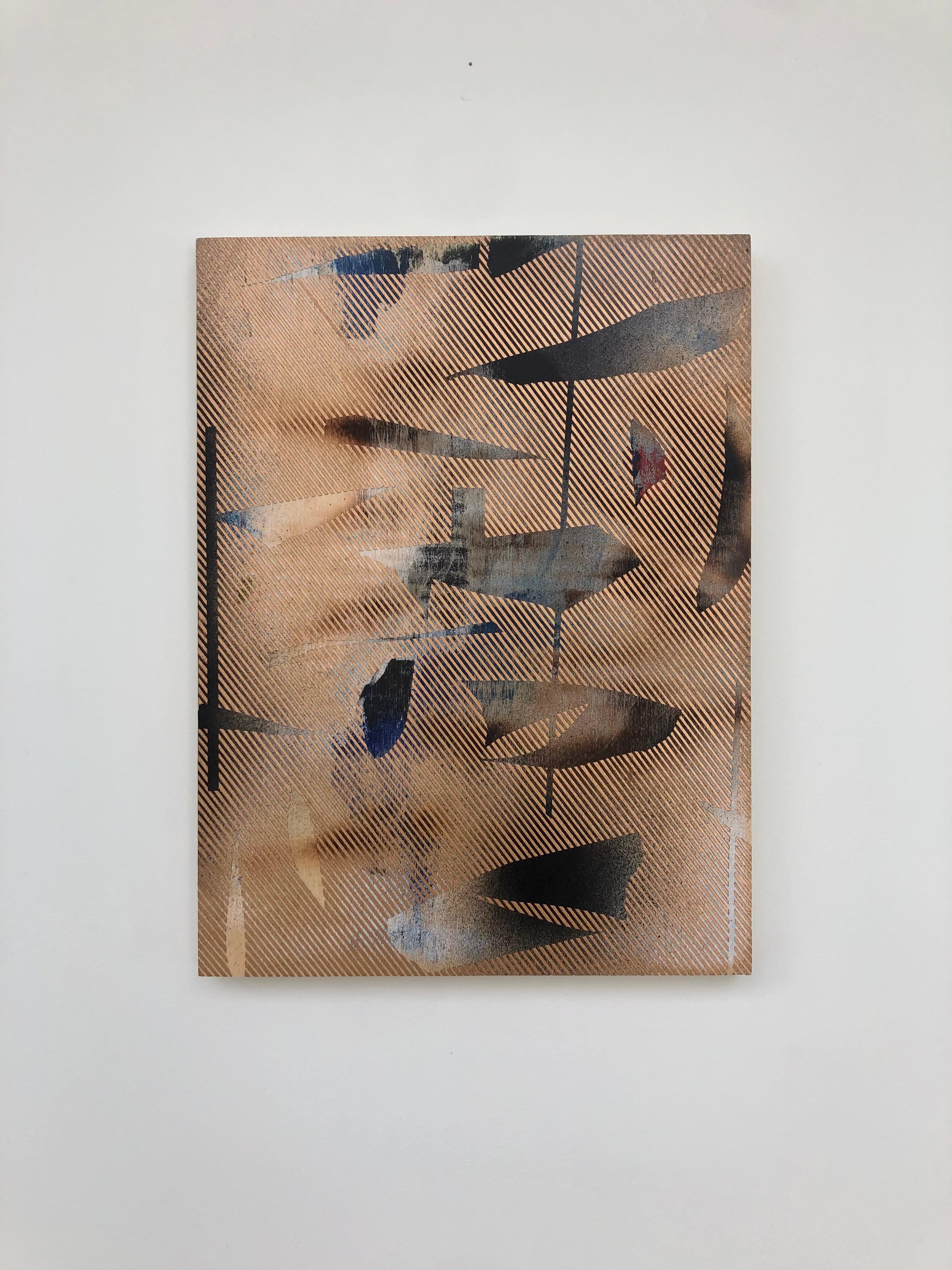 Mangata 20 (peinture à petite échelle à grille dorée en bois abstrait op art contemporain) - Op Art Mixed Media Art par Melisa Taylor Metzger