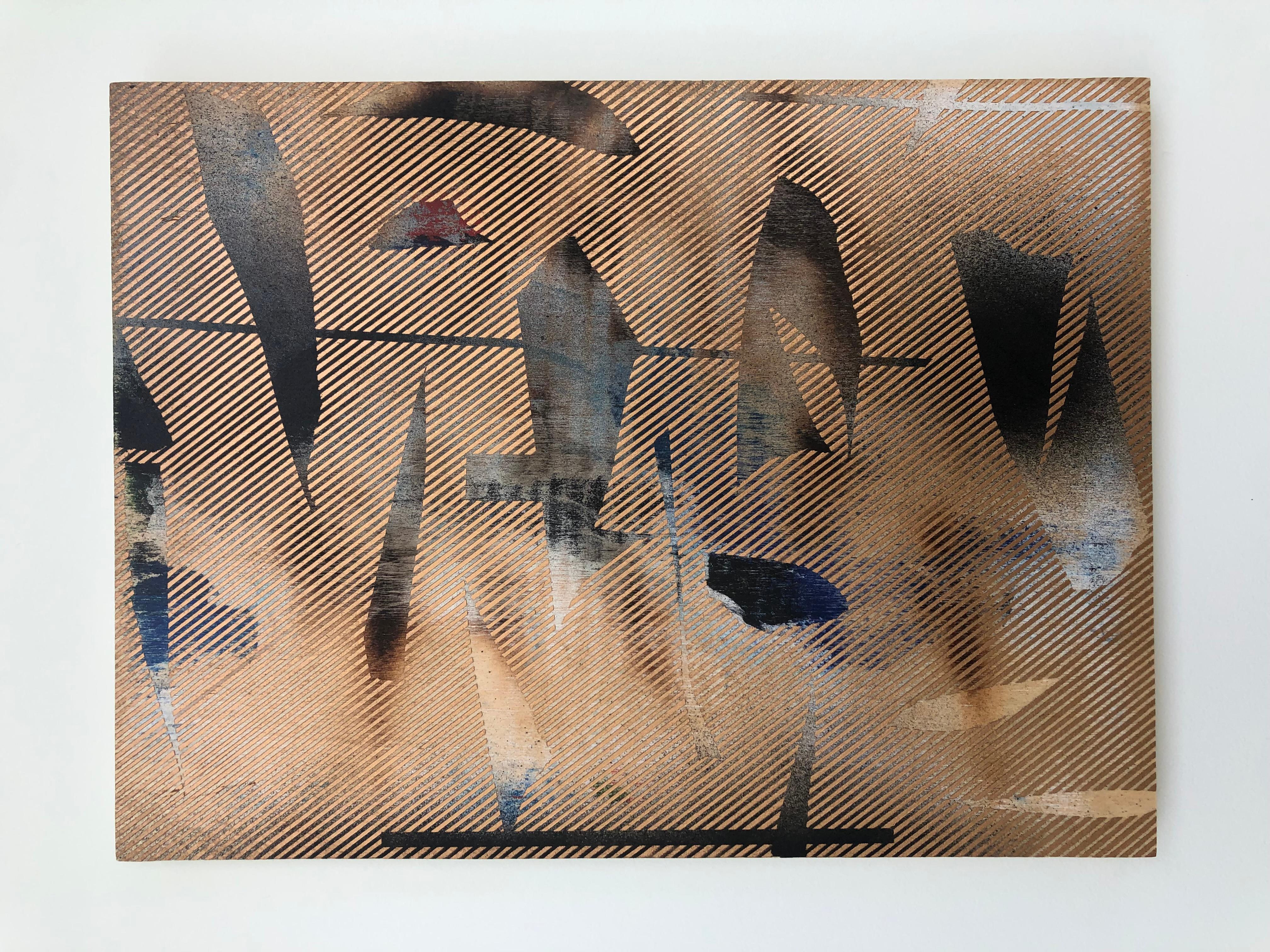 Mangata 20 (peinture à petite échelle à grille dorée en bois abstrait op art contemporain) en vente 2