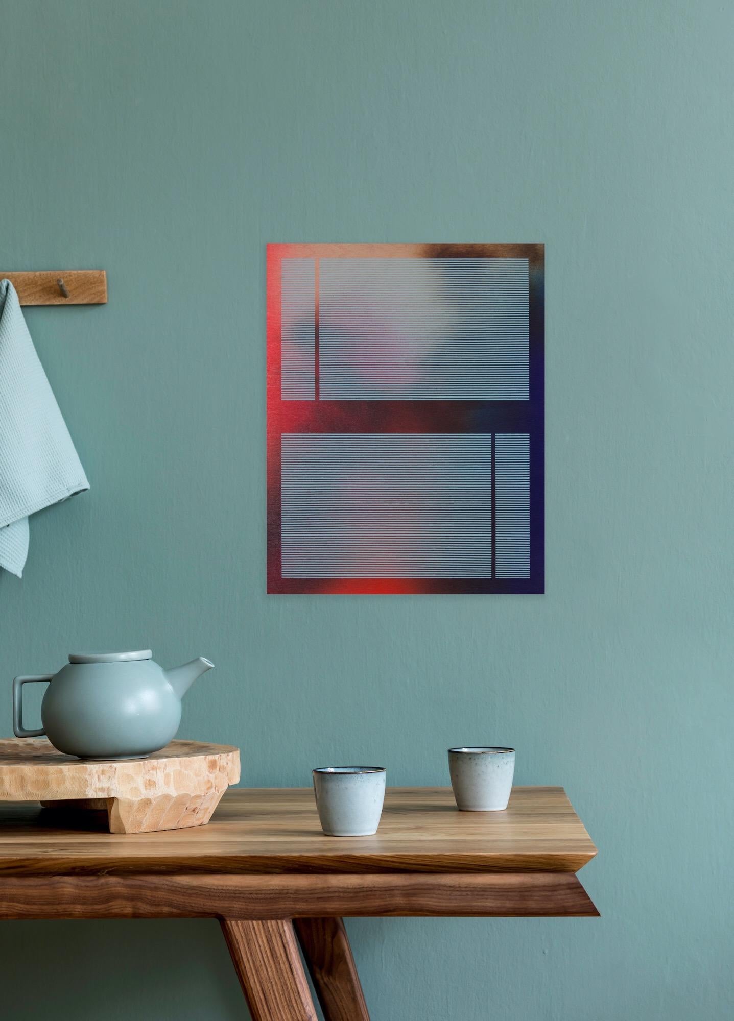 Mangata 2023.5 (piccolo quadro a griglia minimalista blu astratto in legno op art) - Painting di Melisa Taylor Metzger