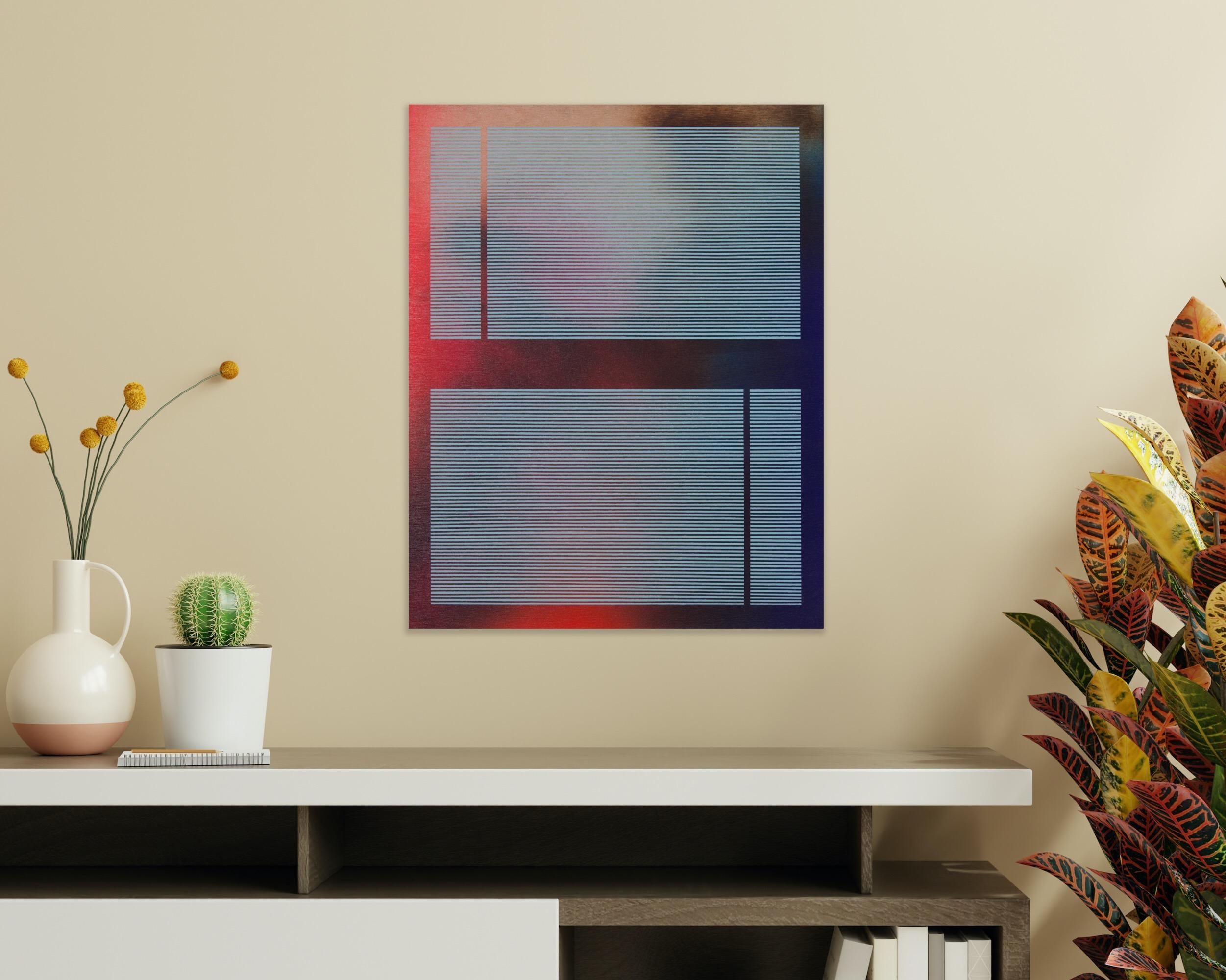 Mangata 2023.5 (small blue minimalist grid painting abstract wood op art) - Black Abstract Painting by Melisa Taylor Metzger