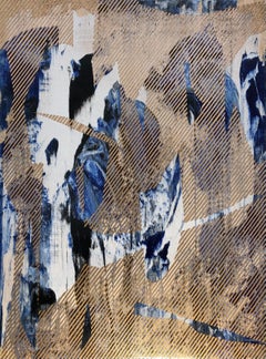 Mangata 29 (peinture à petite échelle à grille dorée en bois abstrait op art contemporain)