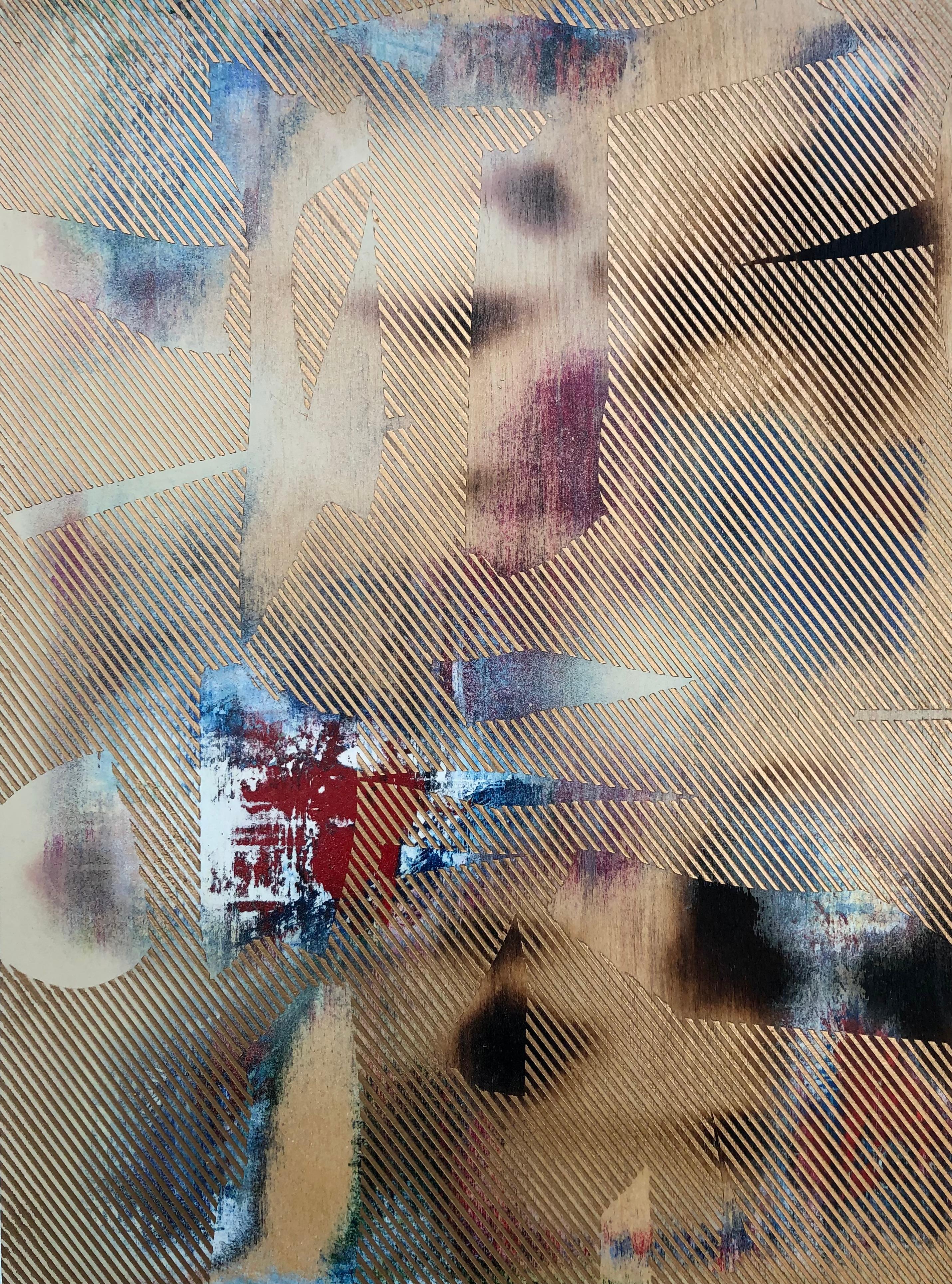Mangata 3 (peinture à petite échelle à grille dorée en bois abstrait op art contemporain)