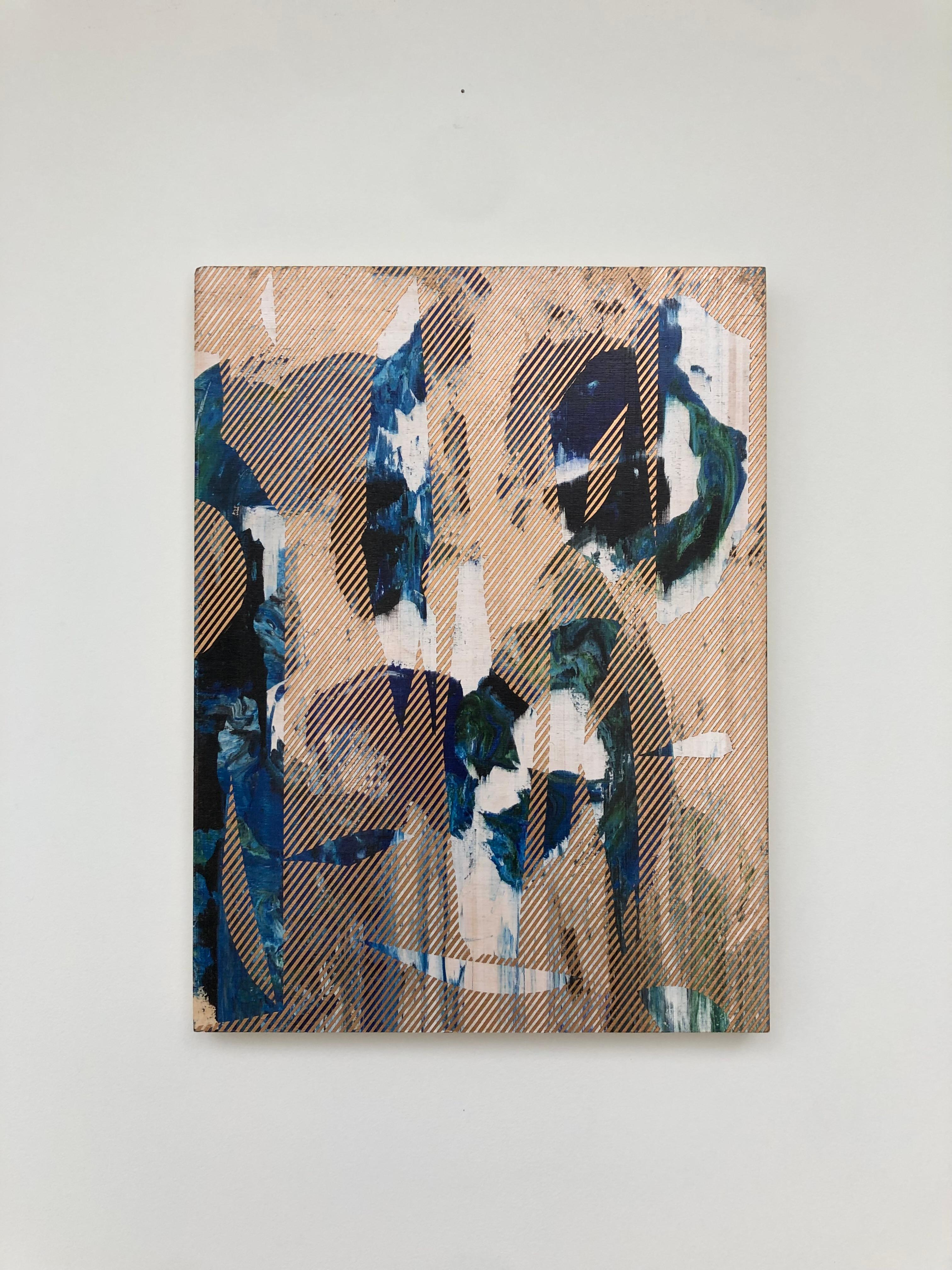Mangata 31 (peinture à petite échelle à grille dorée en bois de fleurs abstraite op art) - Op Art Mixed Media Art par Melisa Taylor Metzger