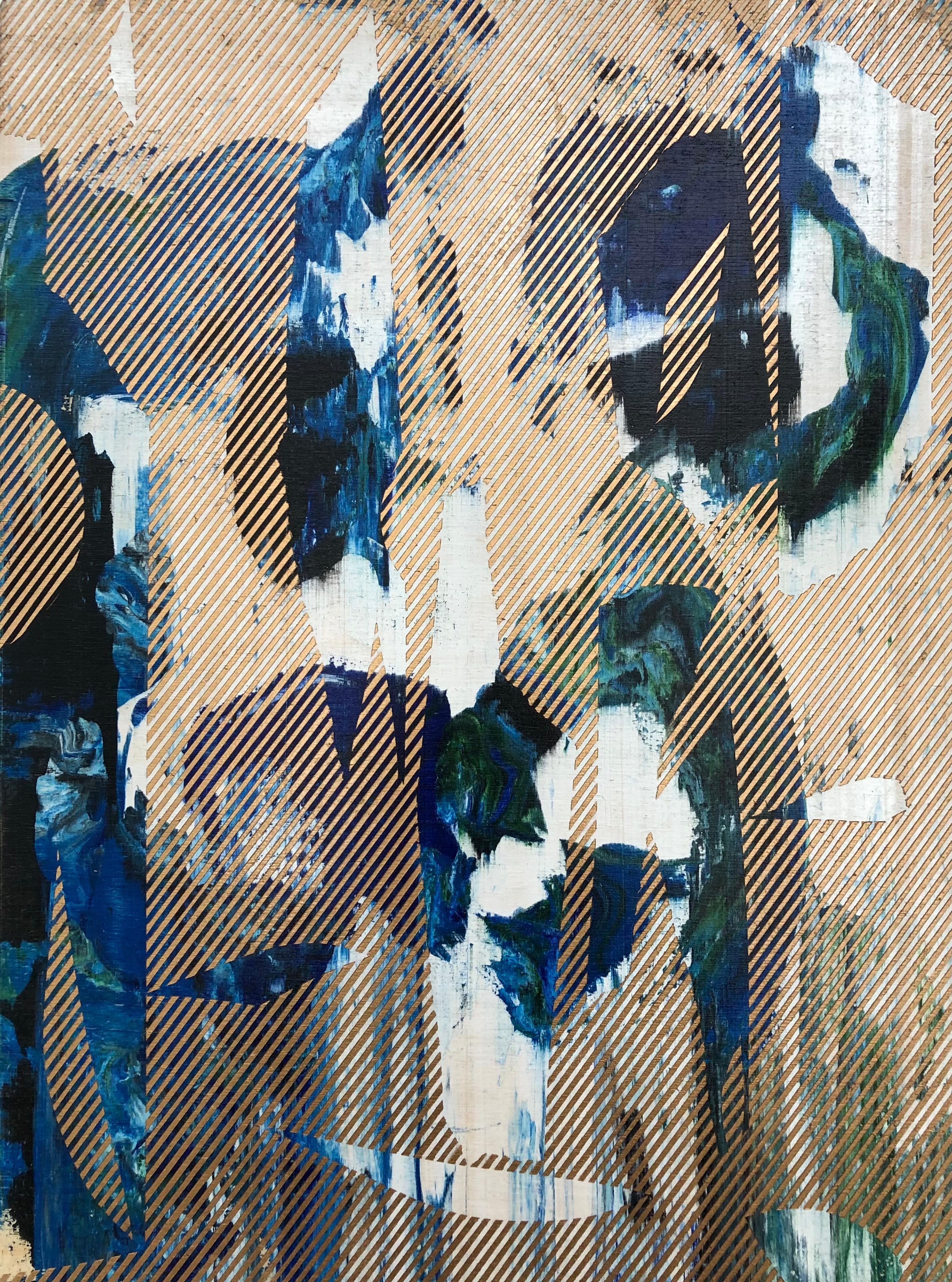 Mangata 31 (peinture à petite échelle à grille dorée en bois de fleurs abstraite op art) - Mixed Media Art de Melisa Taylor Metzger