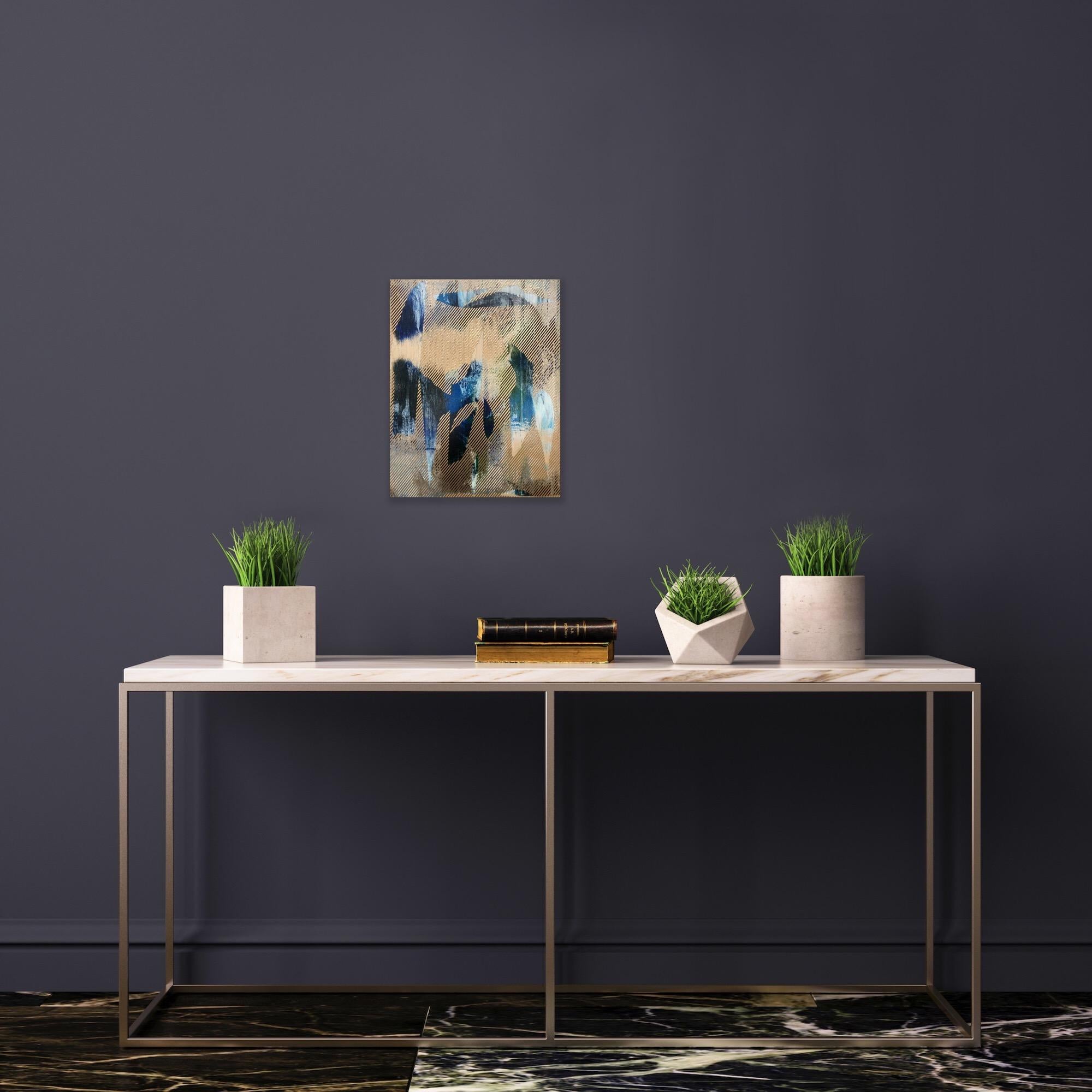 Mangata 44 (peinture à petite échelle à grille dorée en bois abstrait op art floral) en vente 10