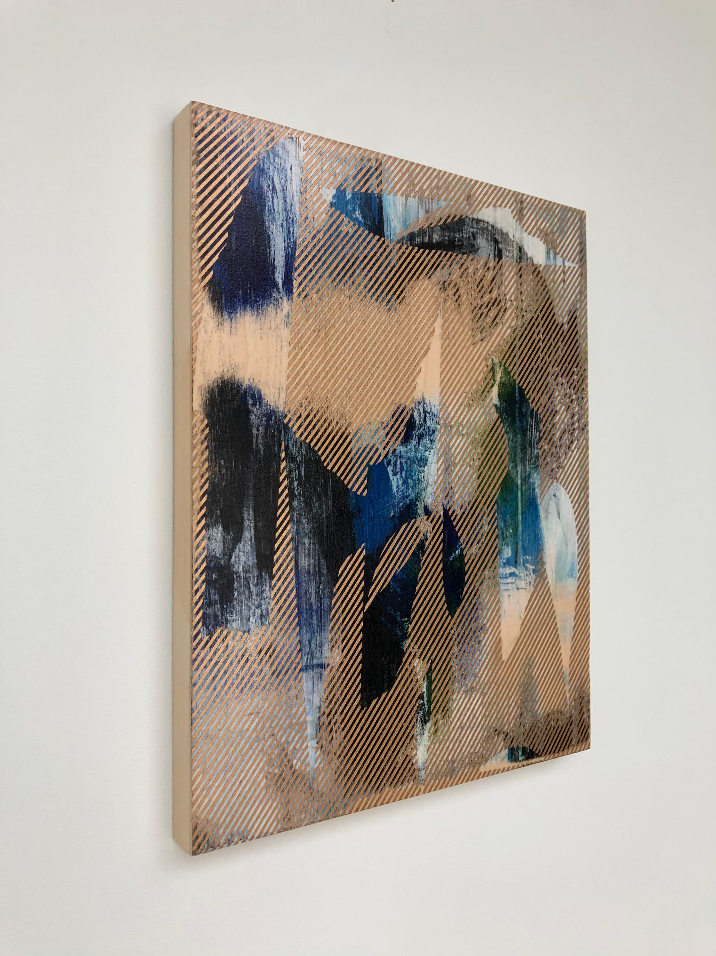 Mangata 44 (peinture à petite échelle à grille dorée en bois abstrait op art floral) - Op Art Mixed Media Art par Melisa Taylor Metzger