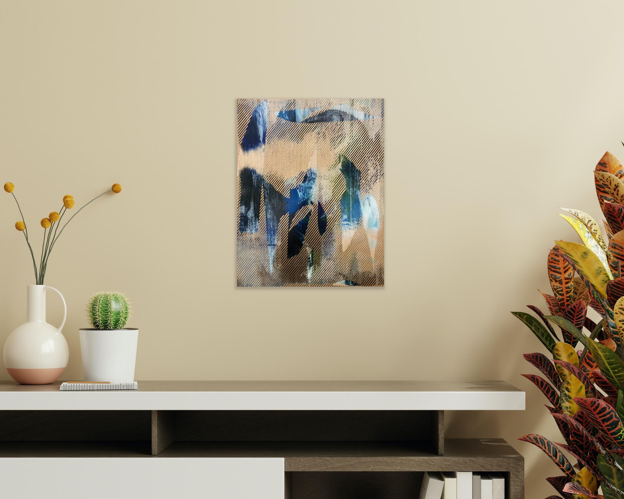 Mangata 44 (peinture à petite échelle à grille dorée en bois abstrait op art floral) en vente 17