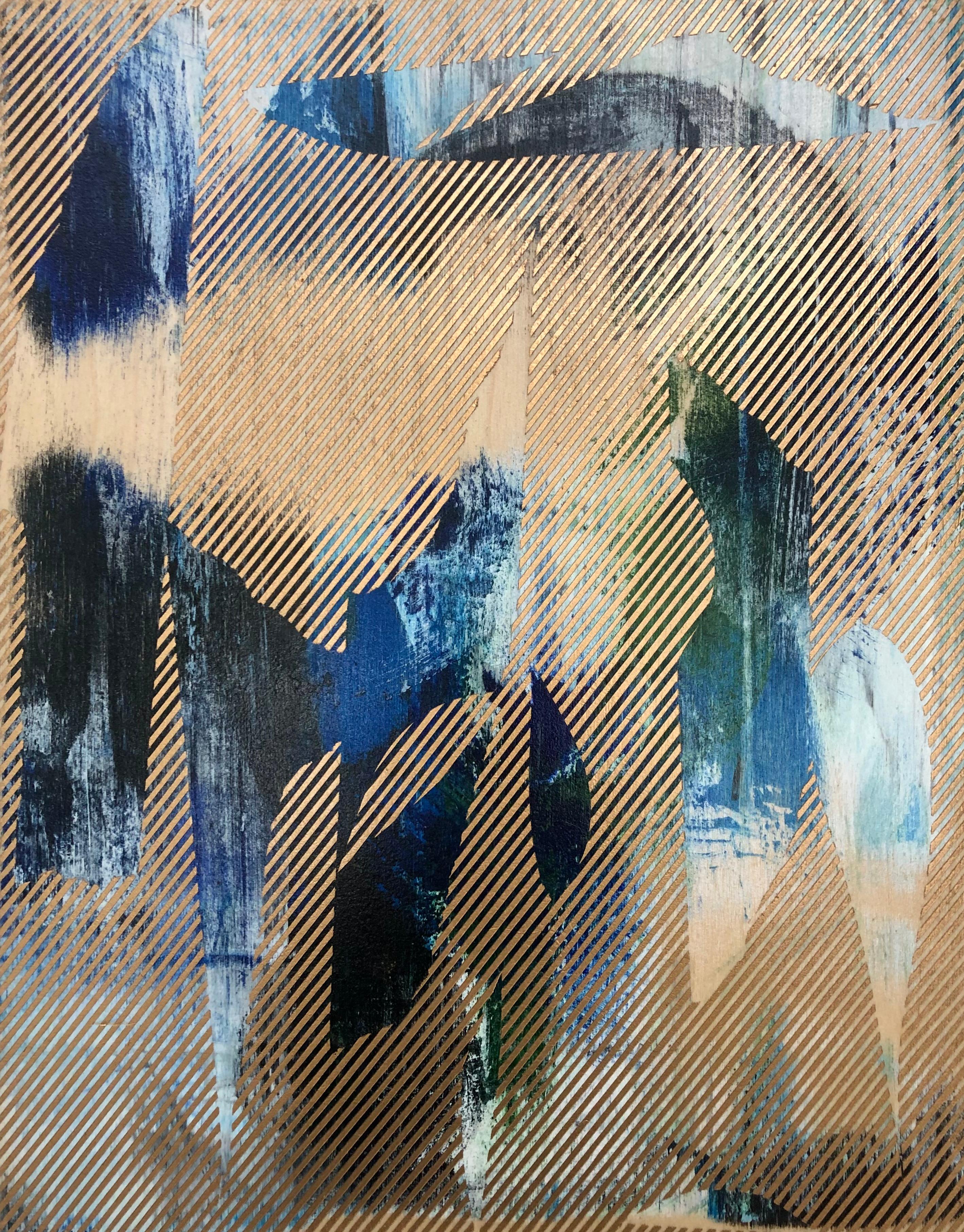 Mangata 44 (peinture à petite échelle à grille dorée en bois abstrait op art floral) - Mixed Media Art de Melisa Taylor Metzger