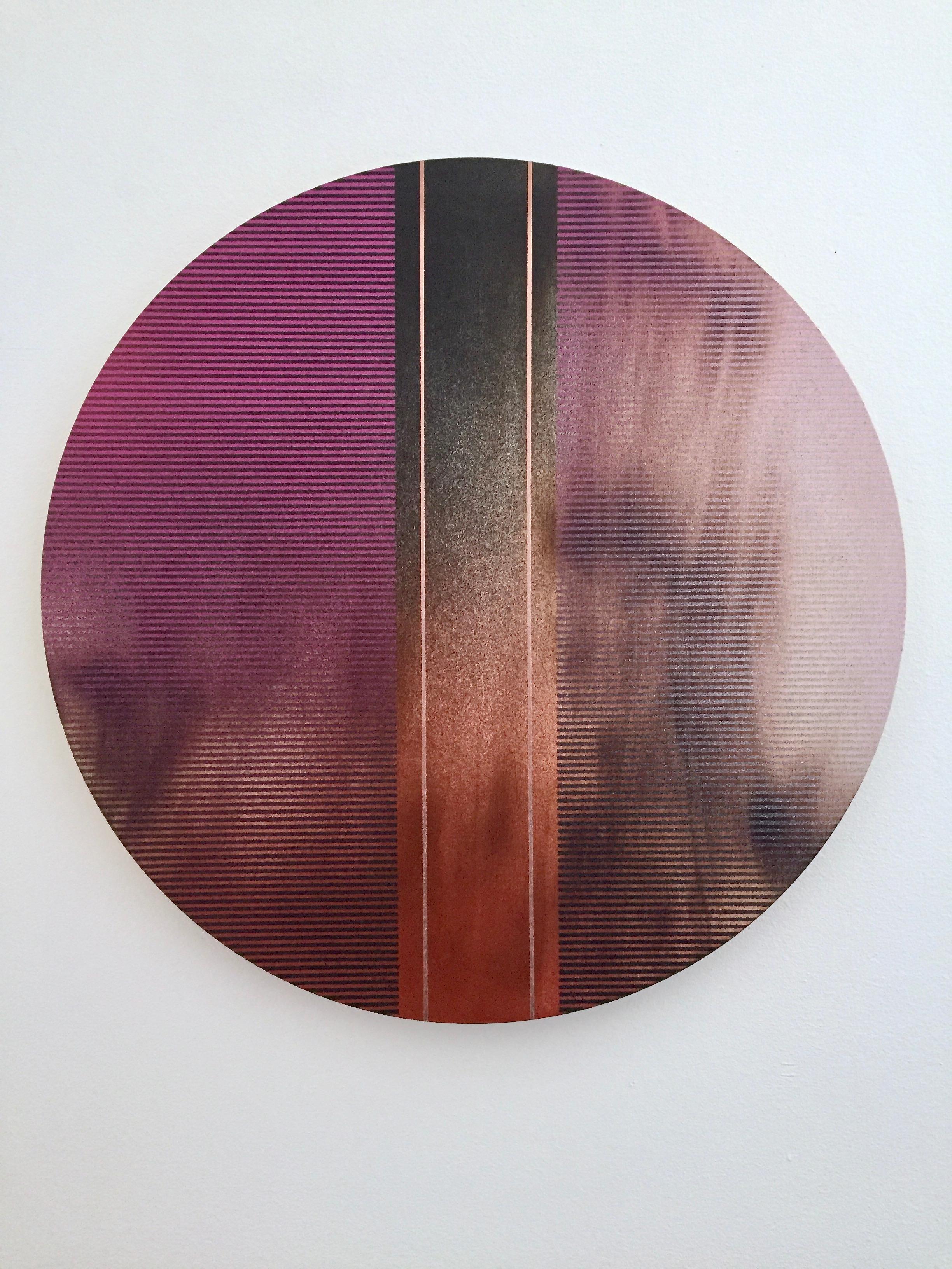 Melisa Taylor Metzger Abstract Painting - Mangata 45 (round panel tondo grid spray painting abstract wood Art Deco op art)