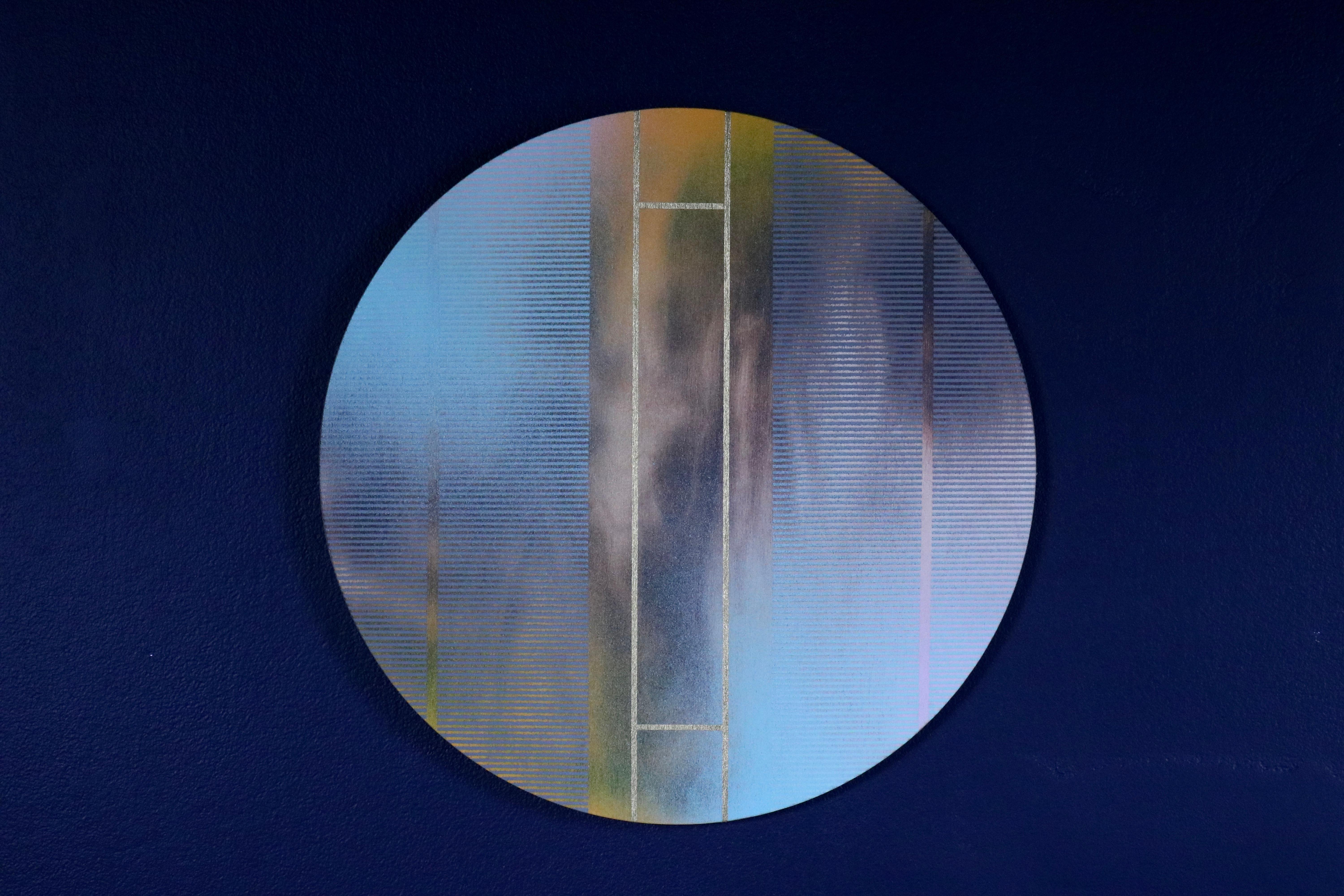 Mangata 46 (round panel tondo grid spray painting abstract wood Art Deco op art) 2