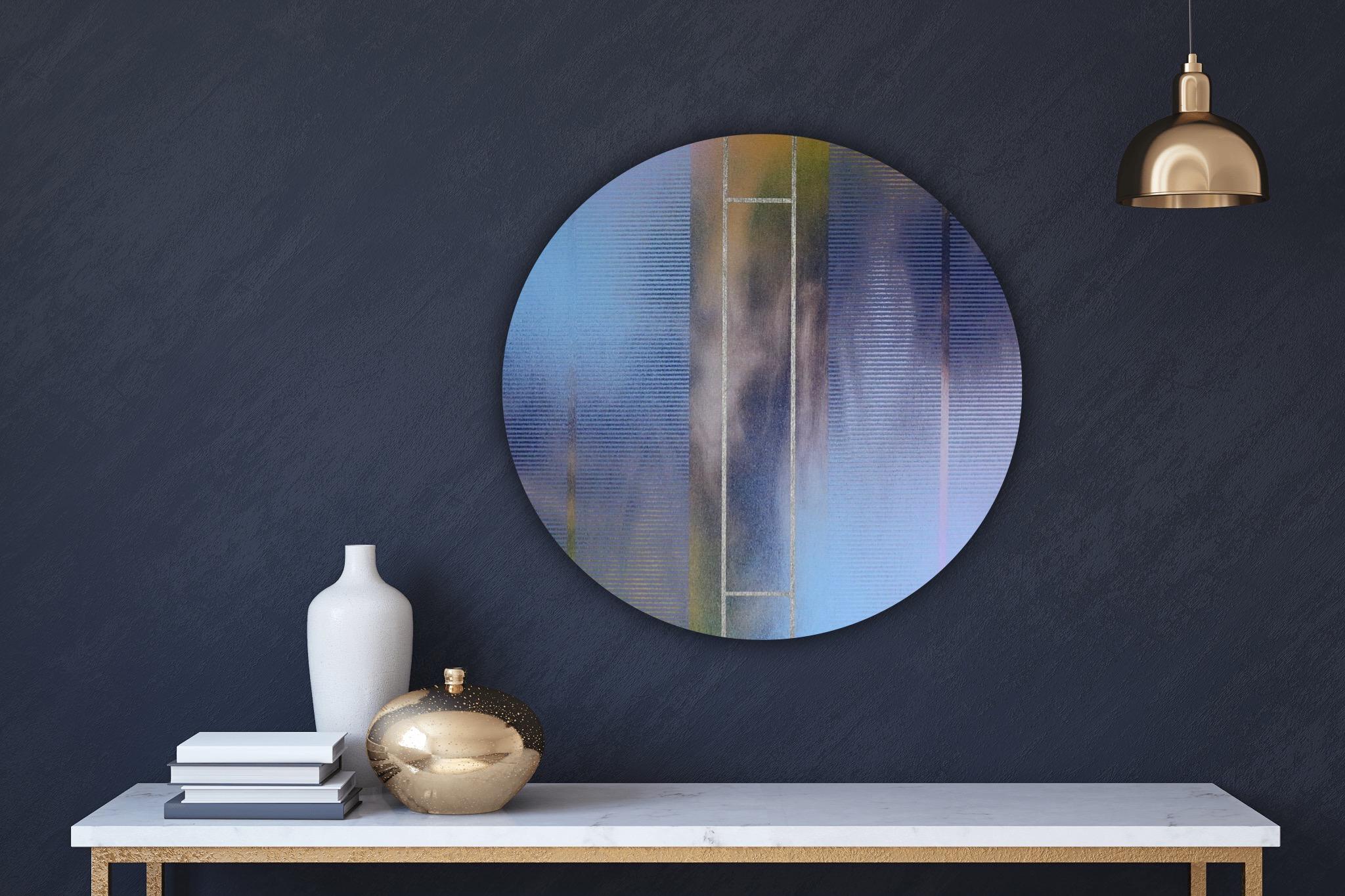 Melisa Taylor Metzger Abstract Painting - Mangata 46 (round panel tondo grid spray painting abstract wood Art Deco op art)